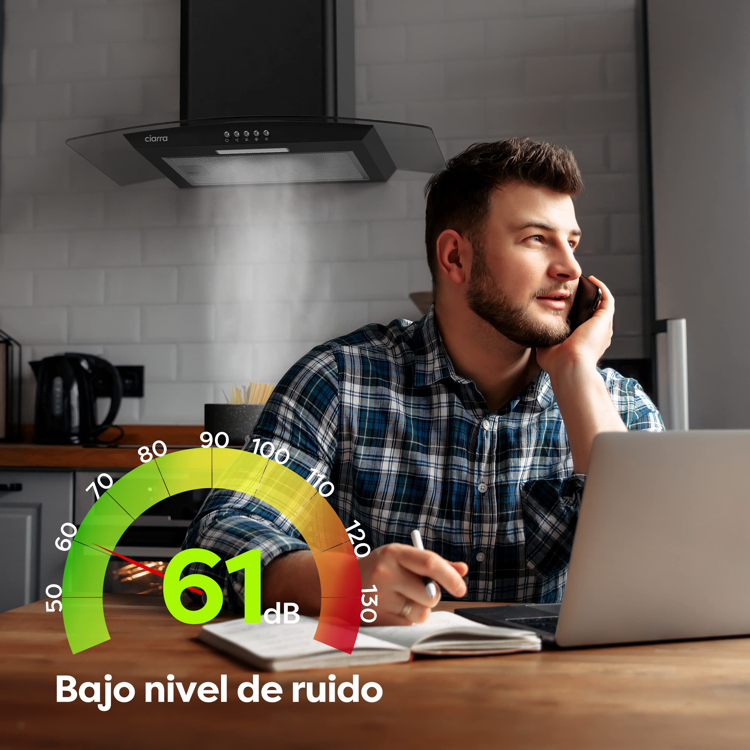 CIARRA CBCB6506B Campana Extractora Cristal 60 cm 650 m³/h Clase Amásmás 3 Velocidades-Evacuación al Exterior y Recirculación Interna por Filtro de Carbón, Negro, CBCF004