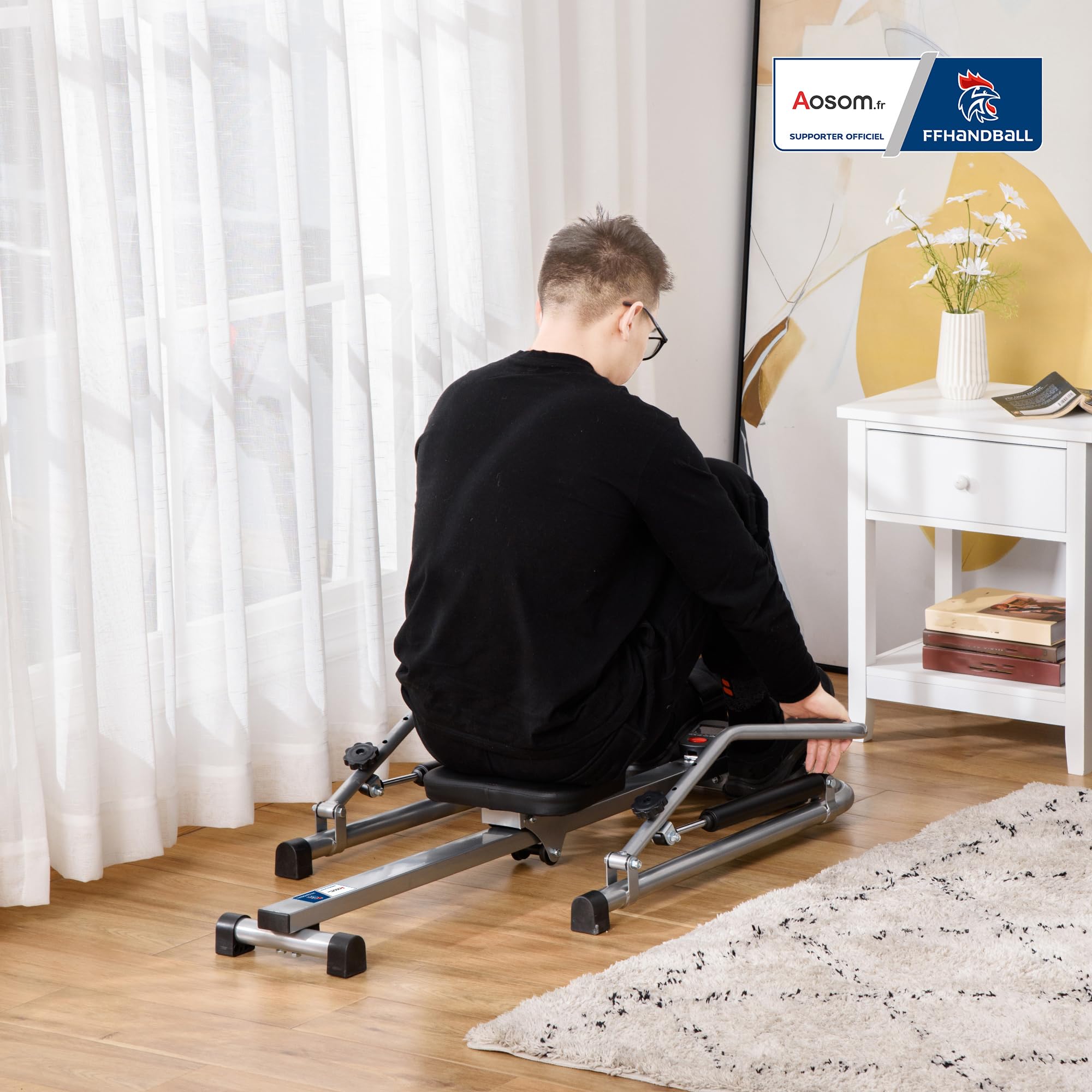 HOMCOM Rameur d'appartement Pliable - Collaboration Aosom.FR x FFHandball - 3 Niveaux de résistance écran LCD Multifonction - Acier ABS Noir Gris