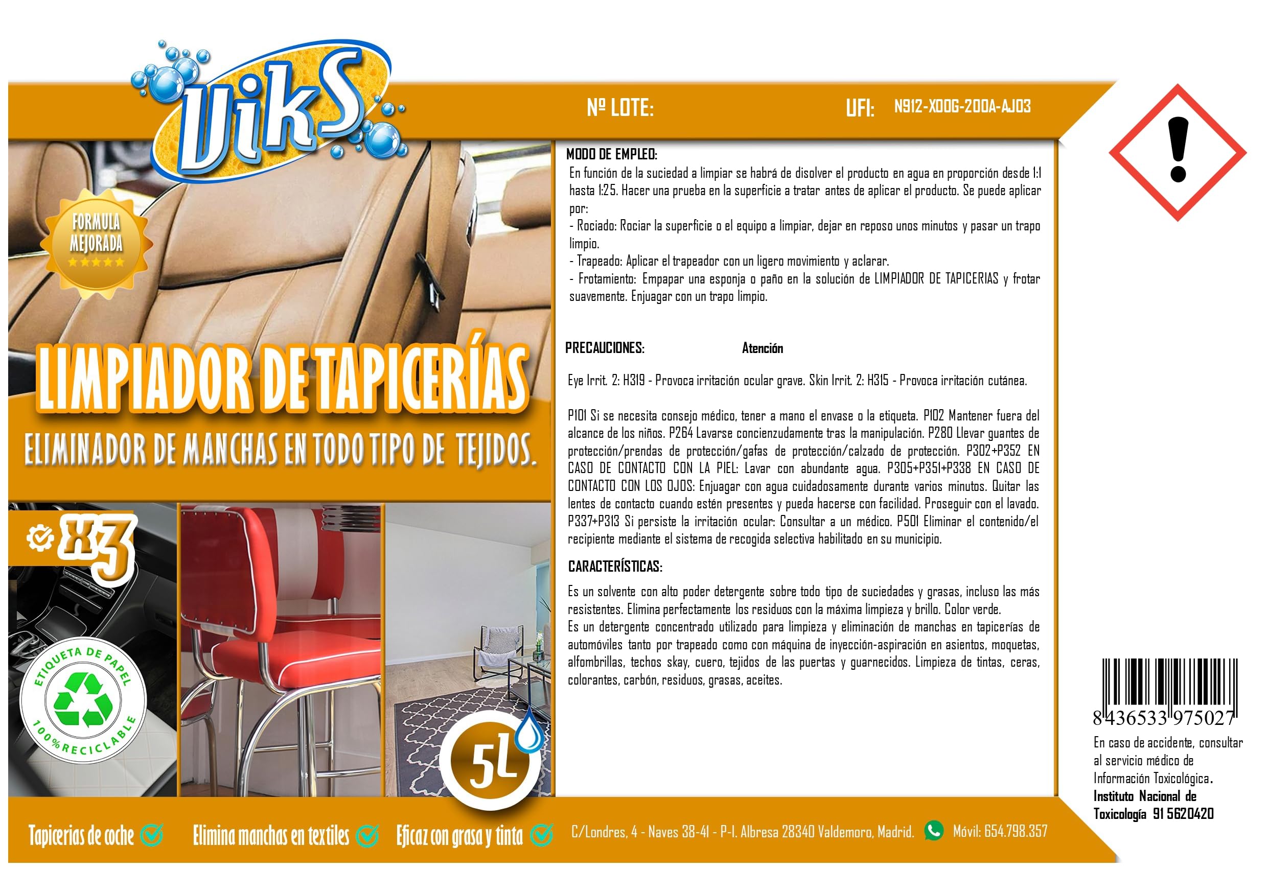 Viks | Nettoyant professionnel pour tissus | Détergent concentré | Élimine les colorants, cires et graisses sur sièges, cuir et tapis | Convient pour la maison et la voiture | 5 L