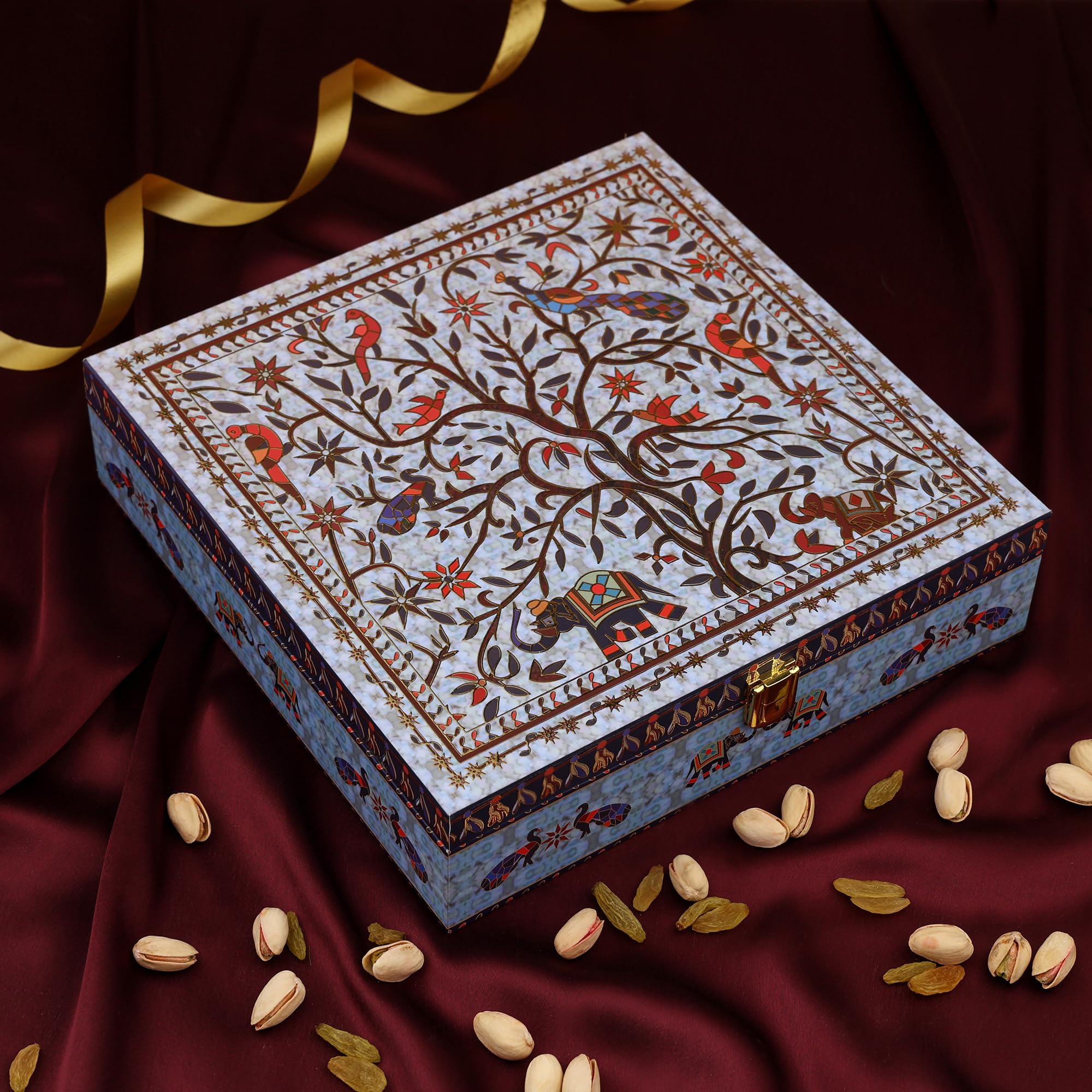Riwaz Luxury Dry Fruit Gift Box | Premium Blue Peacock Design with 4 Salsa Jars of Almonds, Cashews, Pistachios & Walnuts | Ideal for Corporate, Wedding & Festive Gifting (450g) 1