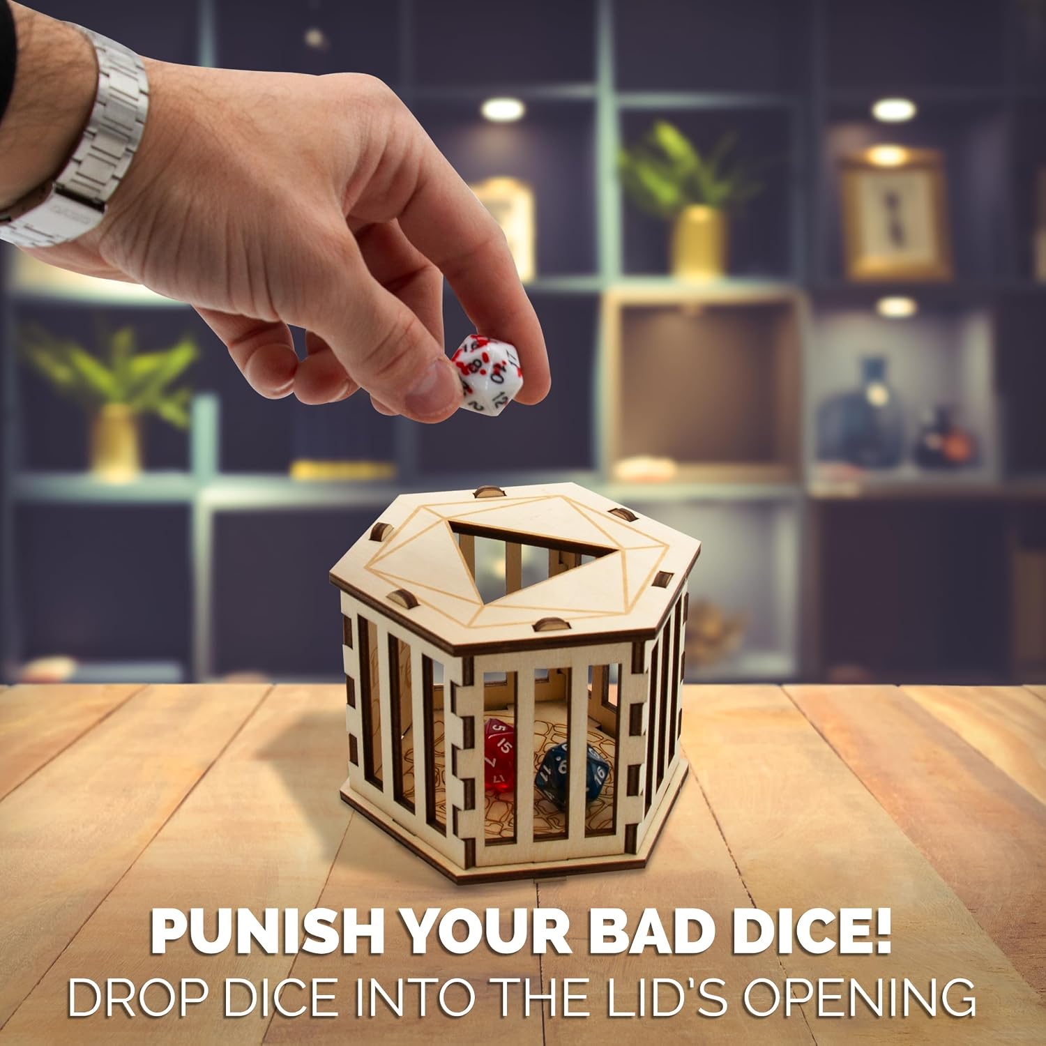 CASEMATIX DND Dice Jail for Up to 50 RPG Dice with Fabric Travel Bag - Wooden Jail Dice Cage with Laser-Etched Artwork for Misbehaving Roleplaying Dice