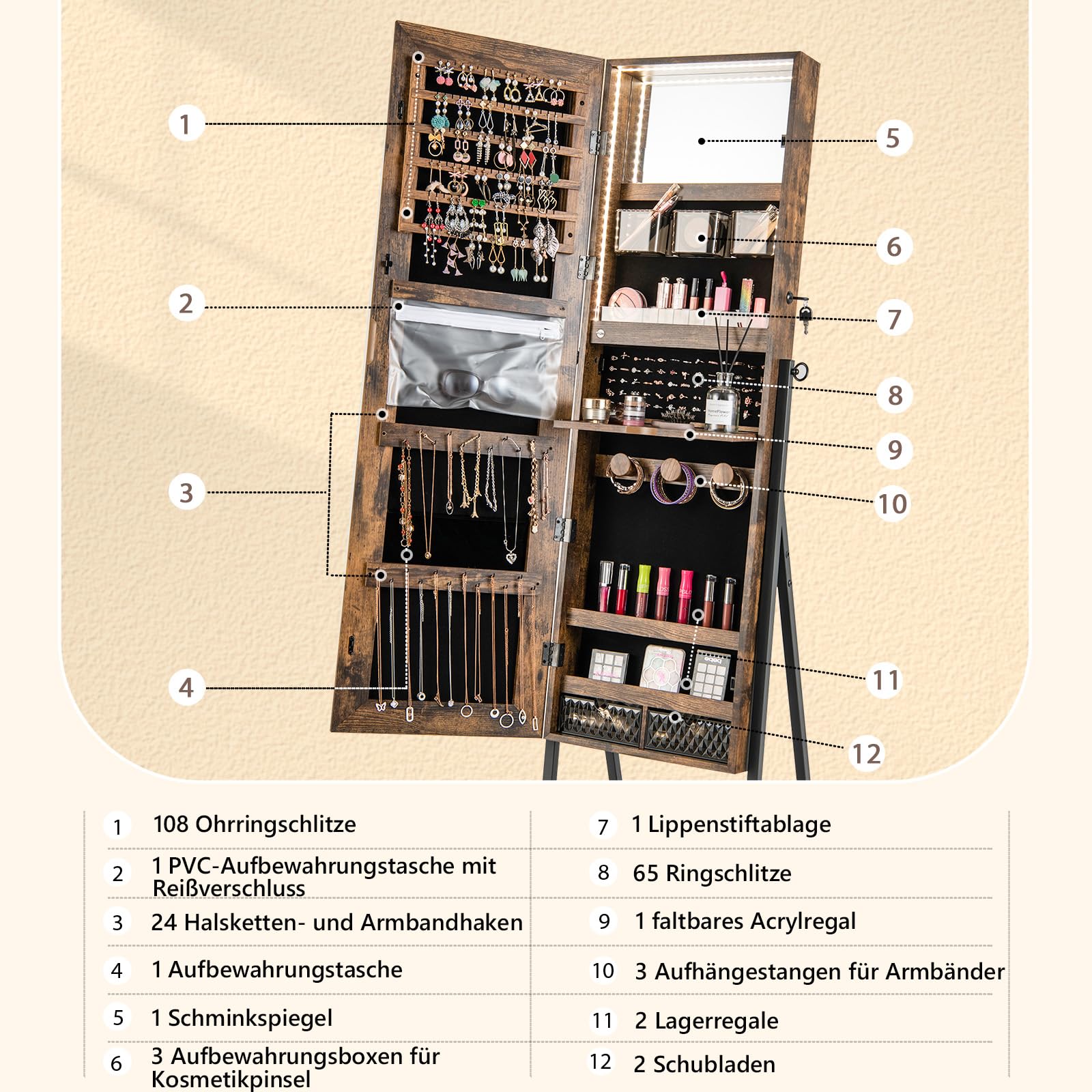Cosmeticatafelset met spiegel en verlichting, 3-kleurige ledverlichting