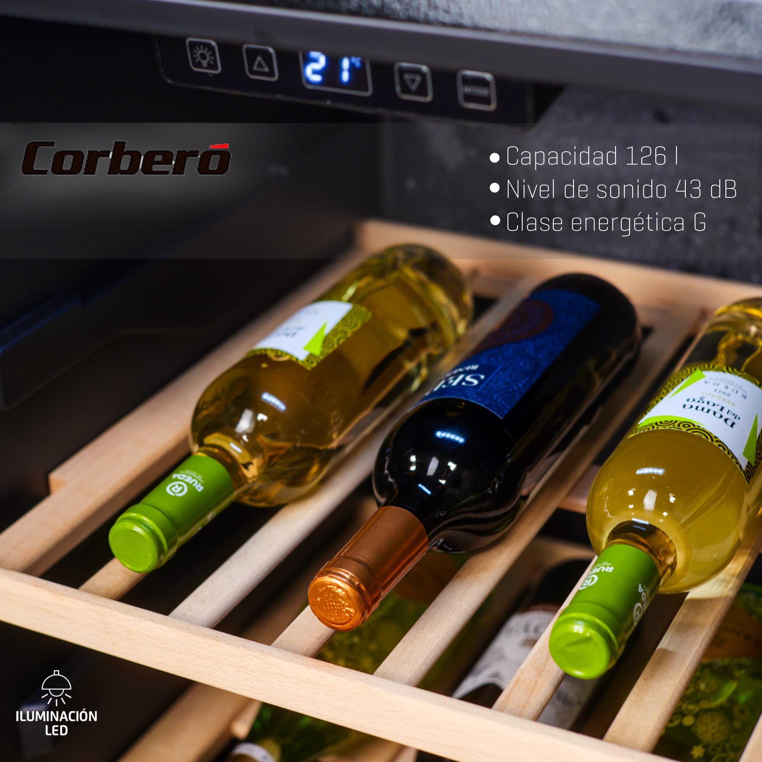 Corberó - Vinoteca CFKWC61SW | 126L | 61 Botellas | Puerta Cristal | Display LED | 2 Estantes Madera | Rango Temperatura 5-20ºC | Nevera para vinos | Negro