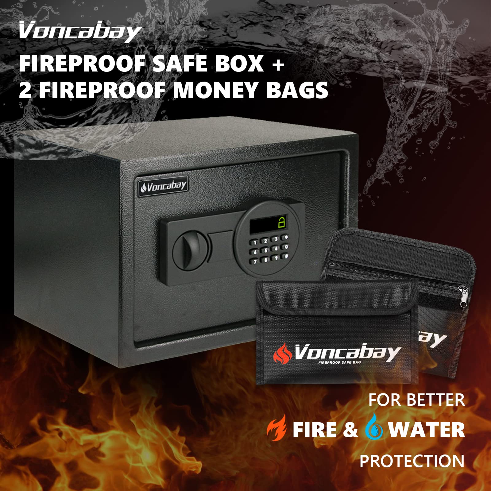 Voncabay Caja fuerte de acero para el hogar con bolsa de dinero ignífuga para dinero en efectivo, caja de seguridad para dinero con llaves, caja de seguridad ignífuga con cerradura de teclado (negro)