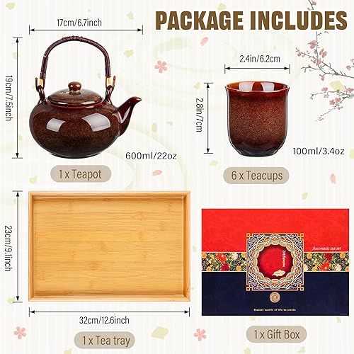 Miniatura 8 de Juego de té asiático en caja de regalo, juego de té japonés con 1 tetera, 6 tazas de té, 1 bandeja de té, tradicional, azul, portátil, japonés,
