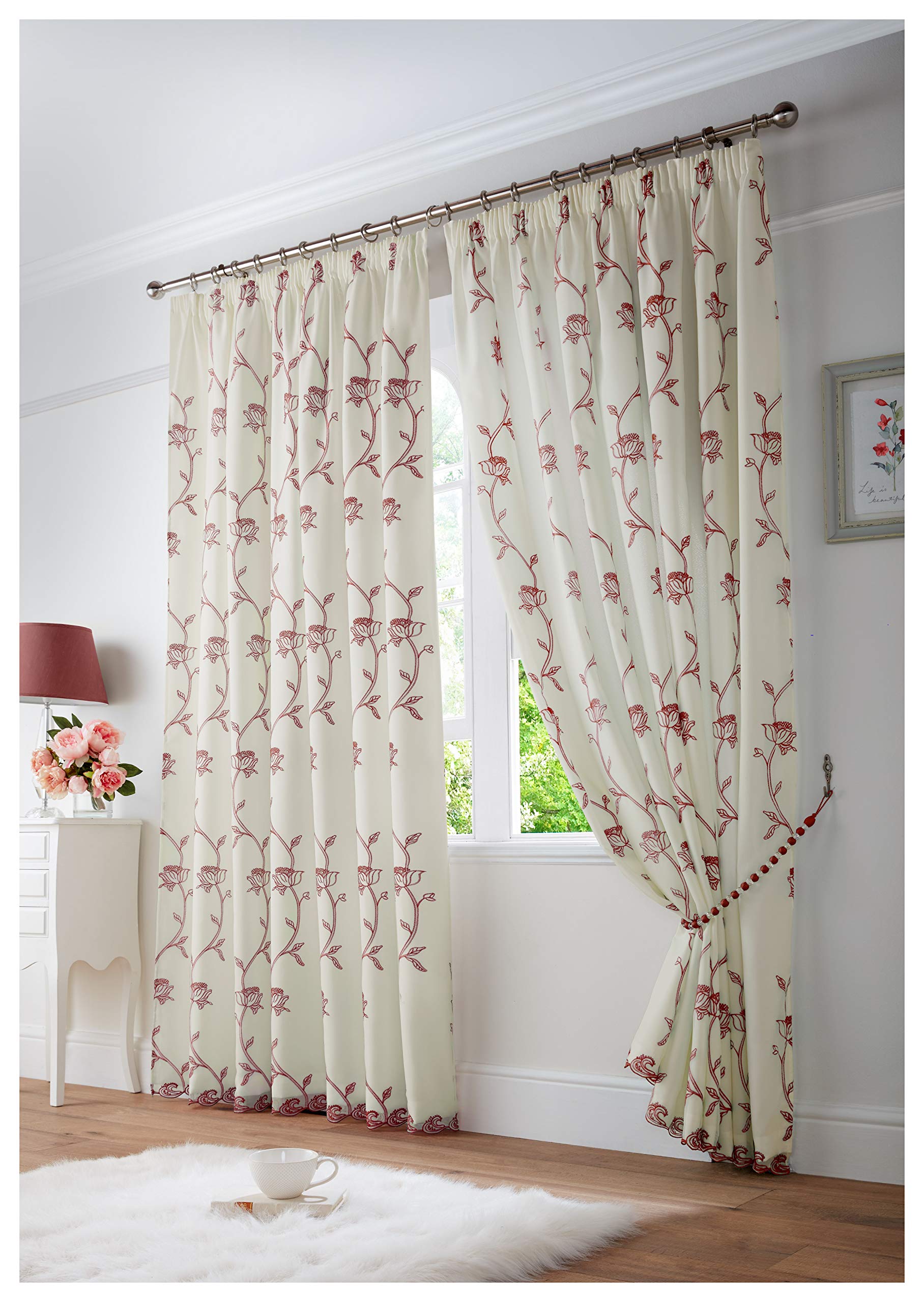 Alan Symonds Red Exeter Lined Organza Voile Embroide Taped Top Curtains (, 90" X 90" (229X229cm))