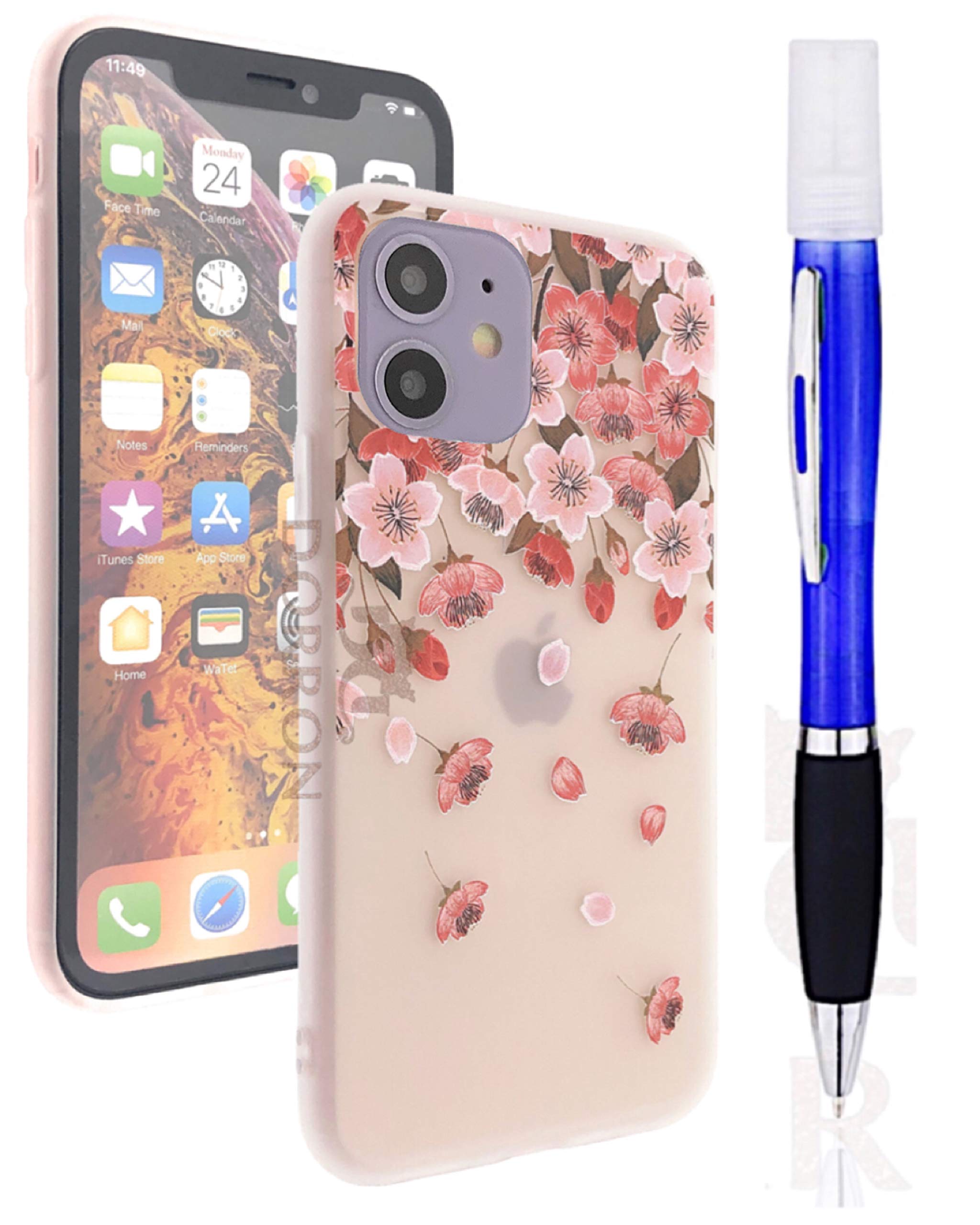 DORRON iAccessories Back Cover for iPhone 11 Protective Case Girls 3D Floral Print Soft TPU with Mist Spray Pen - Pink