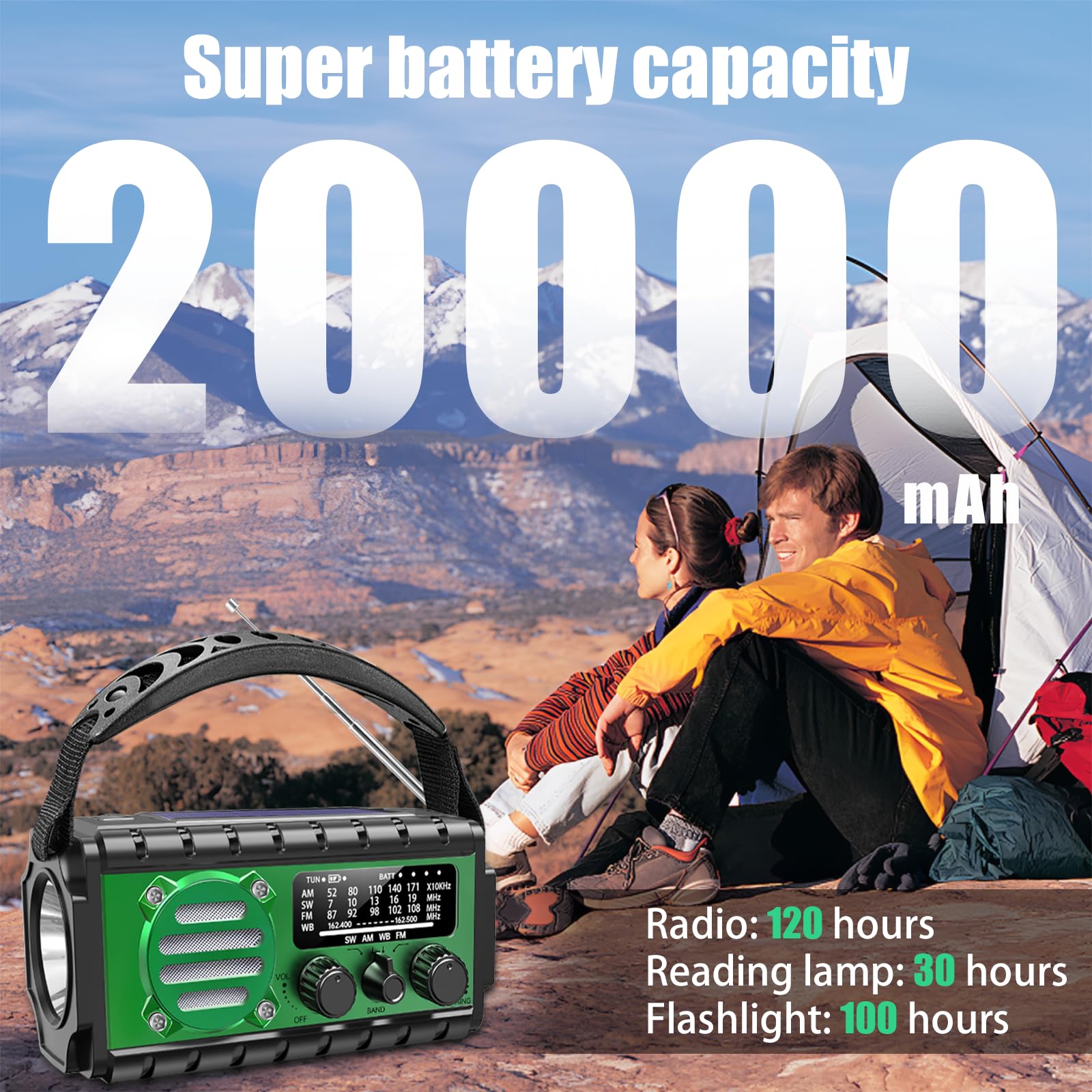 Radio de emergencia de 74000 mWh con clima NOAA, radio de supervivencia portátil SW/AM/FM con batería solar recargable de carga rápida, linterna, lámpara de lectura, sirena SOS para el hogar y