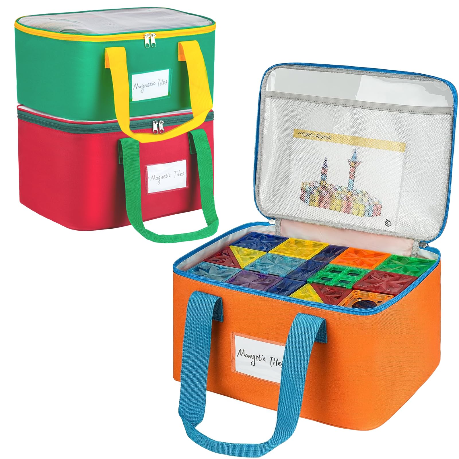 Photo 1 of 3 Packs Large Magnetic Tiles Storage Bags,Magnetic Tiles Storage Bin,Toy Organizer Case with Mesh Pocket and Tag Pocket for Magnet Building Tiles,Board Game,Puzzle and Lego Bricks
