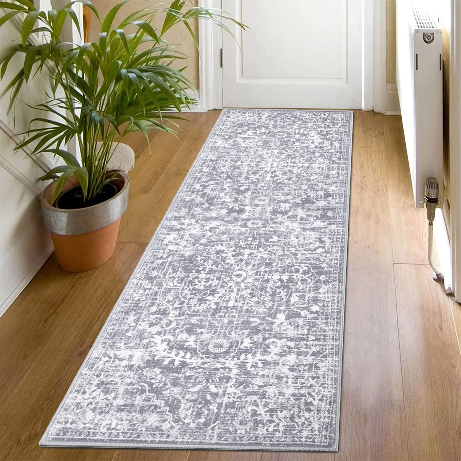 SHACOS Alfombra de Pasillo Gris 50 x 150 cm Antideslizante Alfombra de Cocina Lavable Alfombra de Corredor Bohemia Vintage Alfombra de Área Larga Suave para Pasillo, Entrada, Cocina, Dormitorio