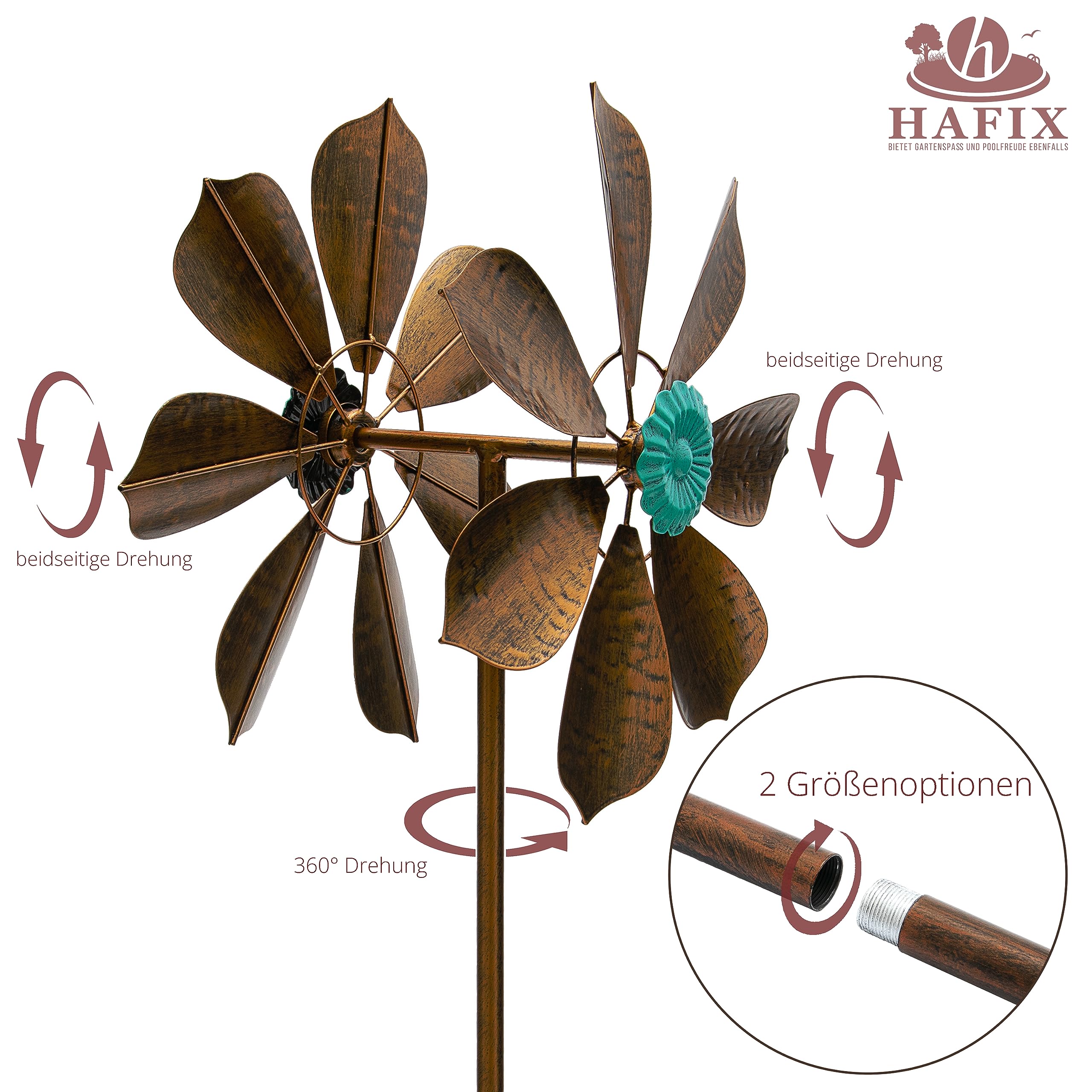 Windrad Windnarzisse Ø 38 cm, 125 cm hoch, Metall, türkis-Kupfer | Wetterfestes 3D-Windspiel aus pulverbeschichtetem Metall mit Erdspieß, 360° drehbarem Kopf und Höhenverstellung.