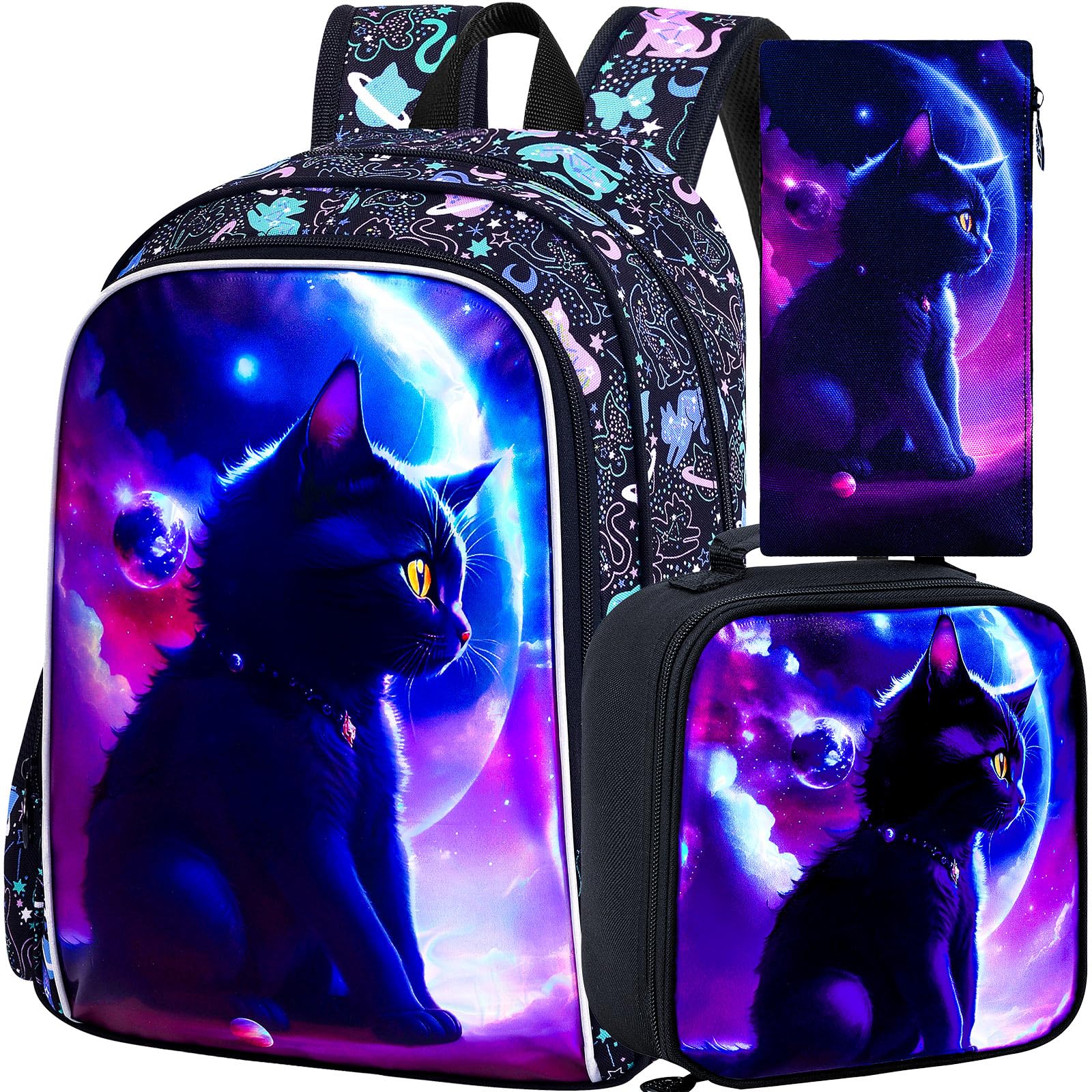 AGSDON 3PCS Cat Backpack for Girls, 16" Kids Reflective Backpacks Water Resistant for Elementary Preschool, Girl Bookbag with Lunch Box