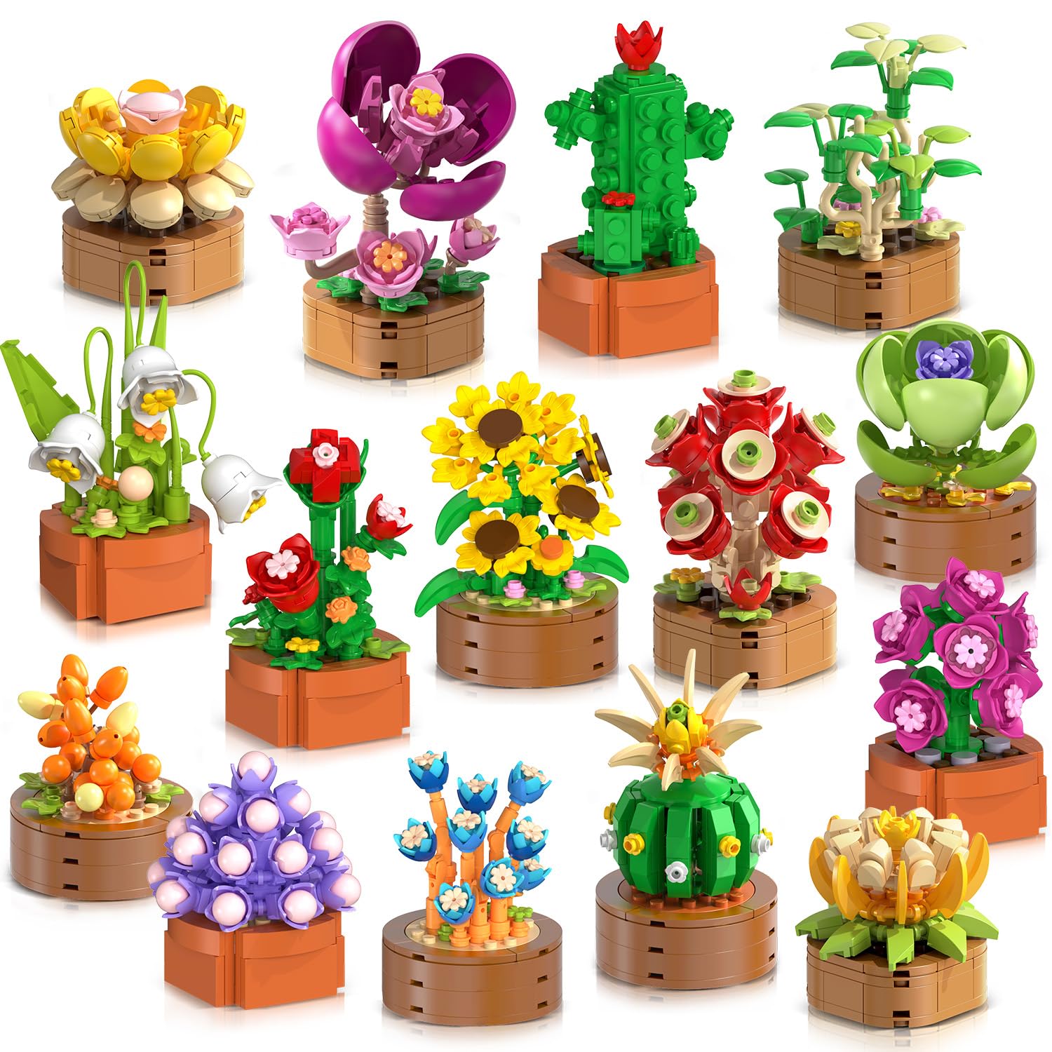 CUBIMANA 15 Pack Flowers Botanical Mini Building Set for Adults Kids 6-12+
