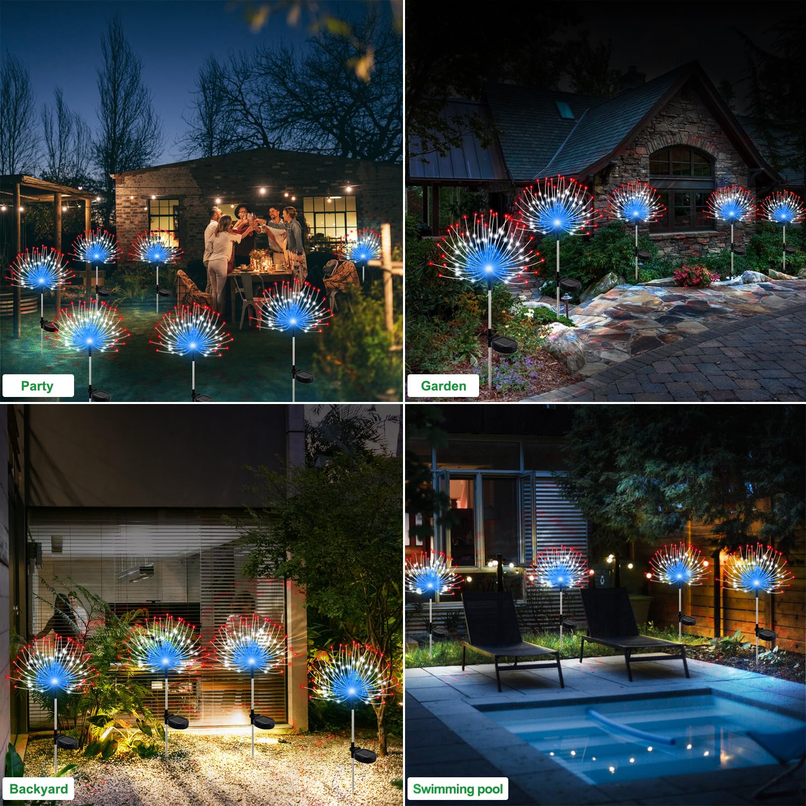 Slyuexu Solar-Gartenleuchten für den Außenbereich, wasserdicht, 2 Stück, 120 LEDs, Solar-Feuerwerk-Lichter, dekorative Gartendekoration, für Blumenbeete, Wege, Party, Weihnachtsdekoration, mehrfarbig