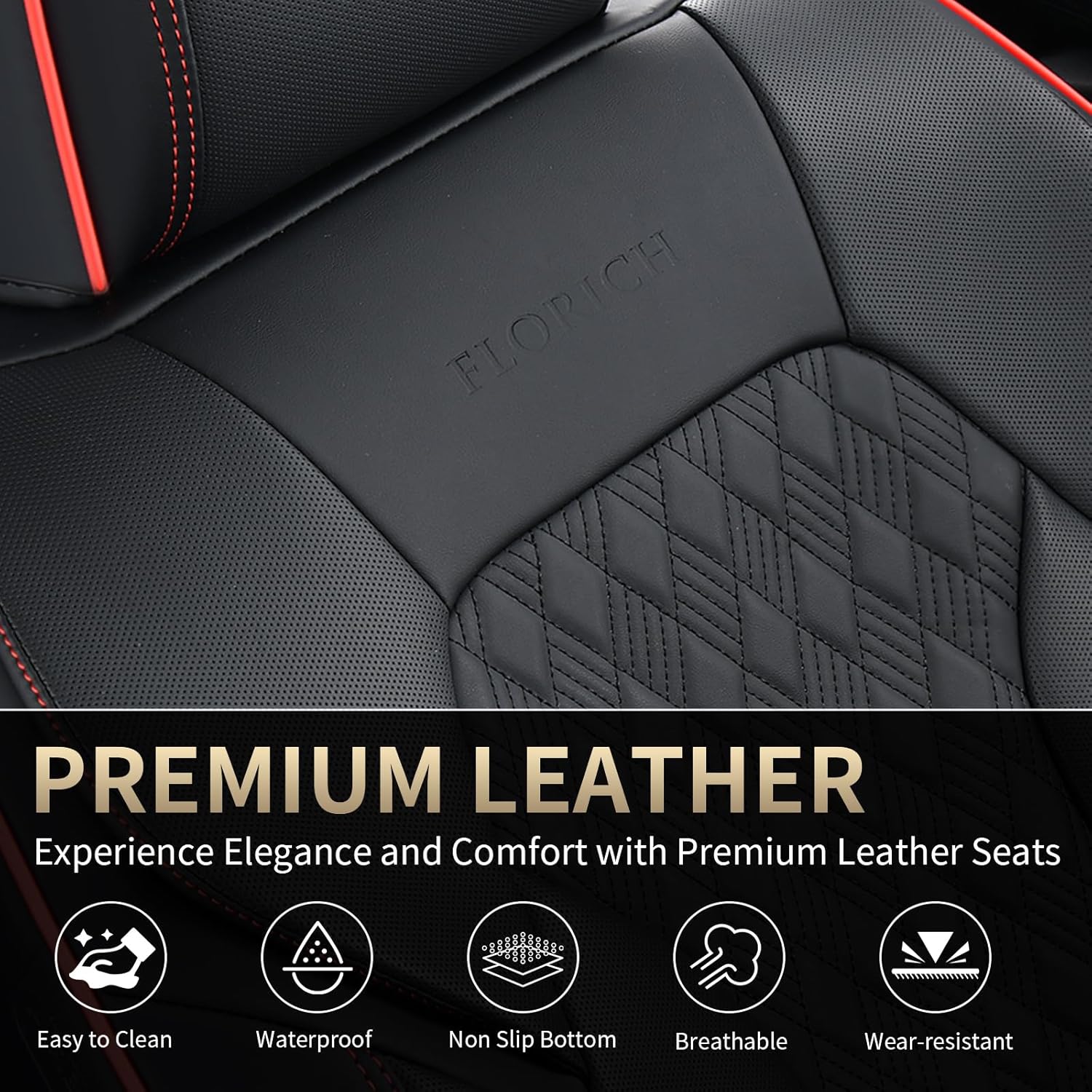 FLORICH Seat Covers, Car Seat Covers Full Set, Luxury Nappa Leather Seat Covers, Breathable and Waterproof Car Seat Protector 5 Seat, Automotive Seat Covers Universal Fit for Most Cars-BlackRedline