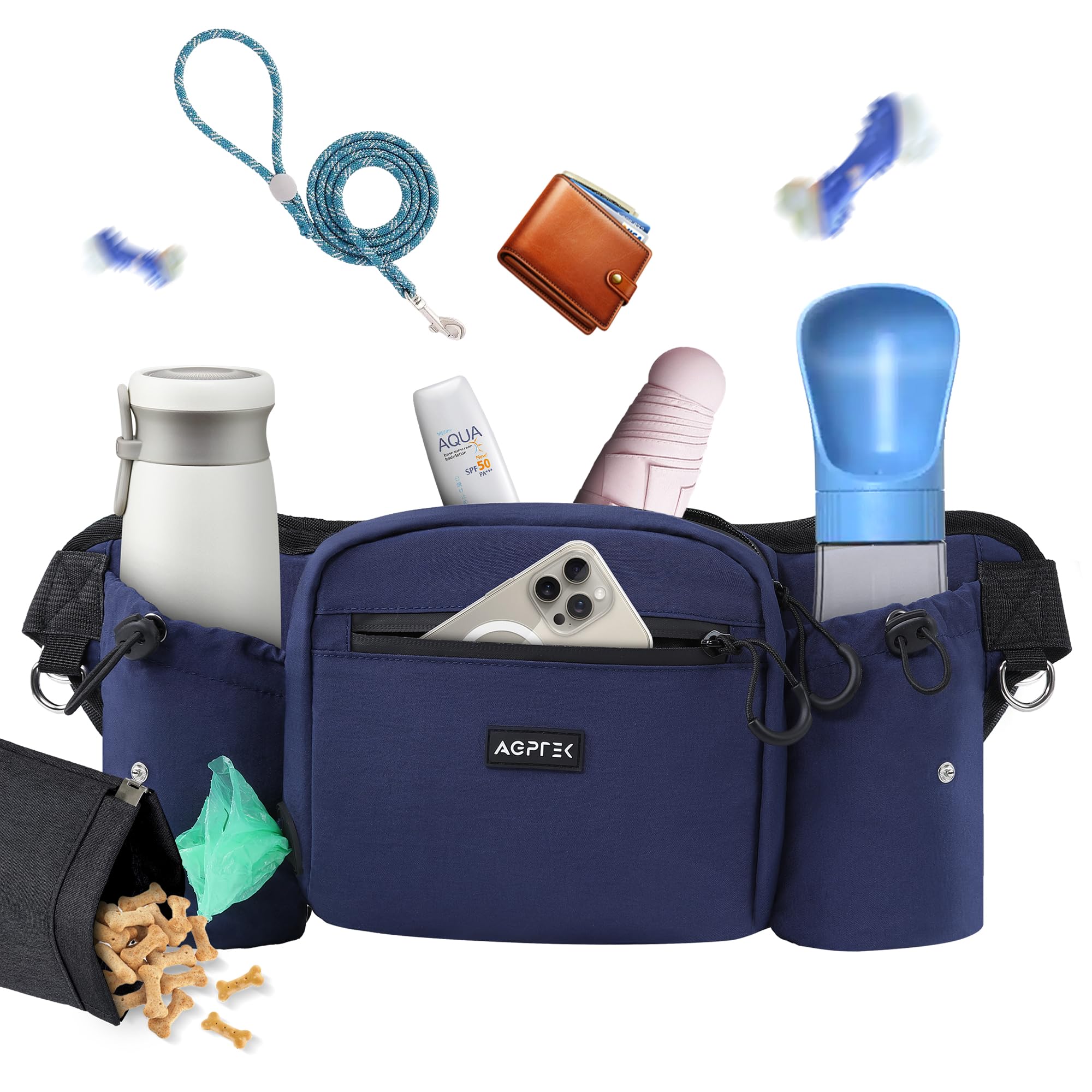 AGPTEK Dog Walking Bag, Large Capacity Dog Training Treat Pouch, Bumbag with Removable Snack Pouch, Water Holder, Poop Bag Dispenser, Waterproof Zipper, Adjustable Strap, Dark Blue