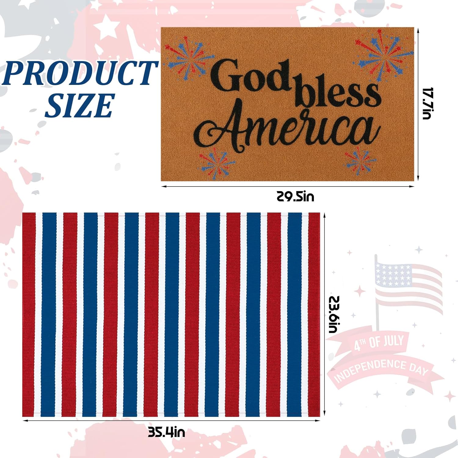 Honoson 2 Pcs Patriotic Doormat, 4th of July 250th Anniversary God Bless America Mat Red White & Blue Stripe Coir Rug for Front Door Porch Indoor Outdoor Memorial Independence Day Decor