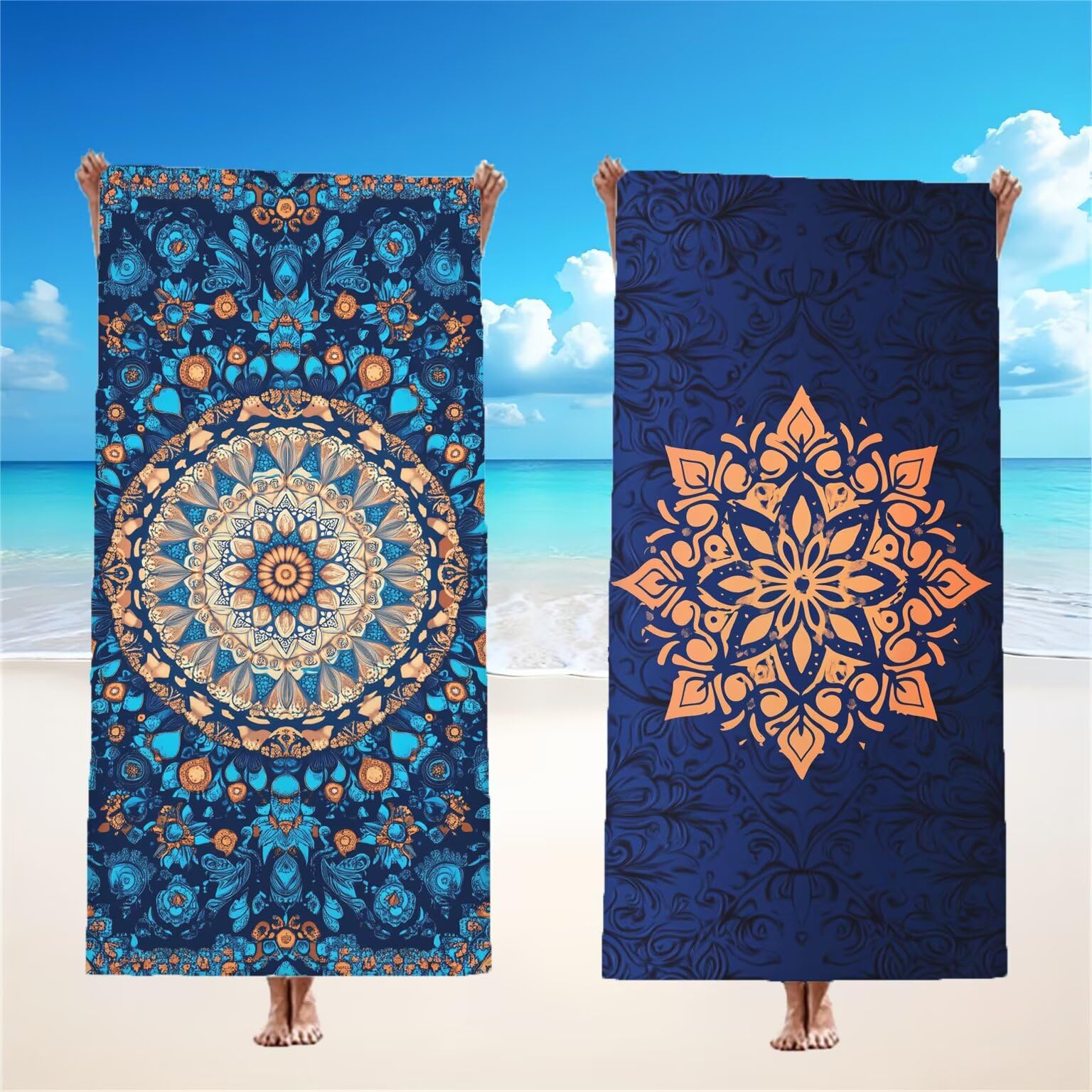 Niebieski ręcznik plażowy dla dorosłych, ręcznik z mikrofibry 100 x 200 cm, duży, 2 sztuki, ręczniki kąpielowe, unikalne zatrzaskowe, chłonne, szybkoschnące, odporne na piasek, lekka konstrukcja, do