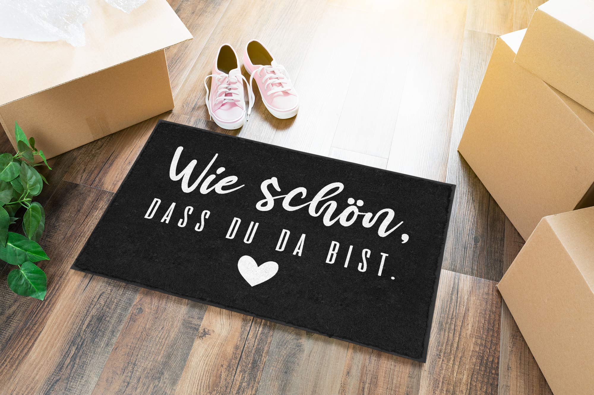 MoonWorks® Fußmatte 'Wie Schön DASS Du Da Bist' – Rutschfeste & Waschbare Schmutzmatte (60x40 Cm, Schwarz)