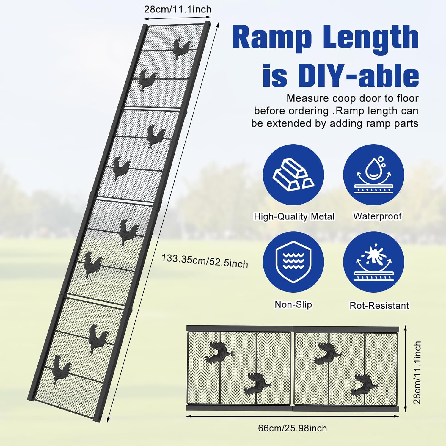 Chicken Coop Ramp 52.5''L, Ladder Length Adjustable for Henhouse, Heavy Duty Metal Coop Steps for Feet Problem or Cannot Fly Chickens, Waterproof, Non-Slip, Rustproof, Sturdy and Easy to Clean