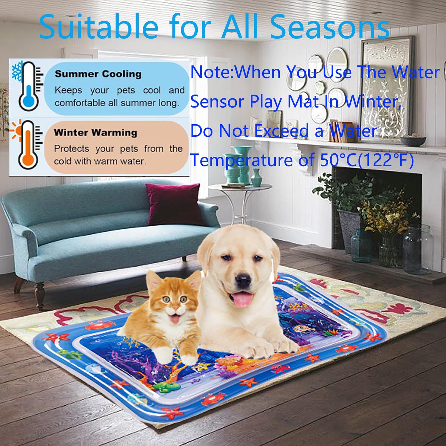 2-Pack Thickened Water Sensor Play Mat For Cats & Dogs - Dolphin Design, Cooling/Warming Pet Activity Mat