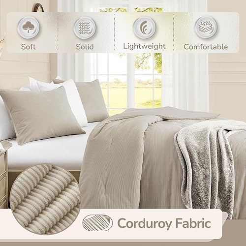 Miniatura 3 de downluxe Juego de edredón de pana tamaño individual color beige, 2 piezas de edredón de pana de poliéster ultrasuave para niños, juego de edredón