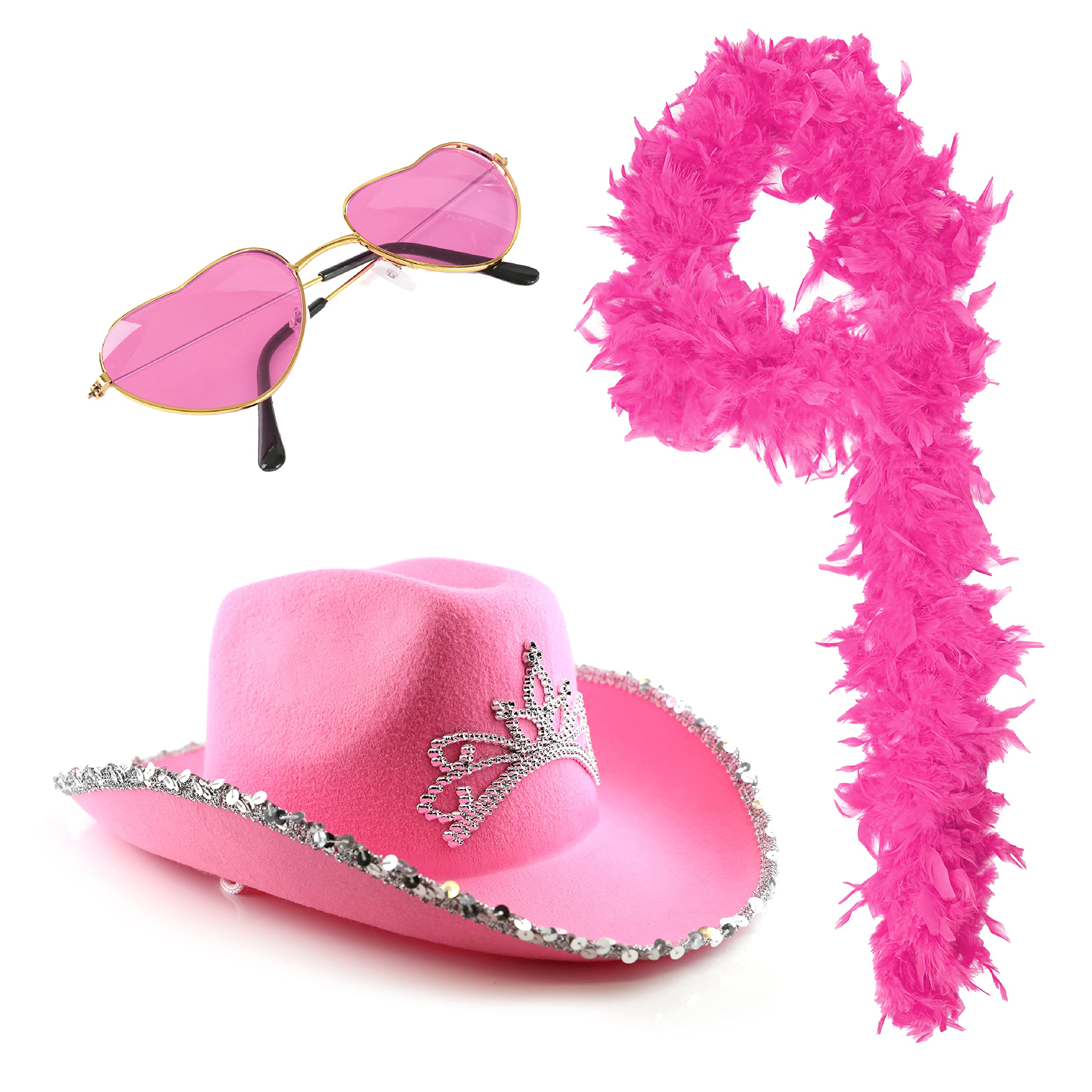 Together Tour Accessory Set - Pink Cowboy Hat with Tiara, 65g Hot Pink Feather Boa, Pink Heart-Shaped Sunglasses - Adults Pop Styles Icon Concert Fancy Dress Costume
