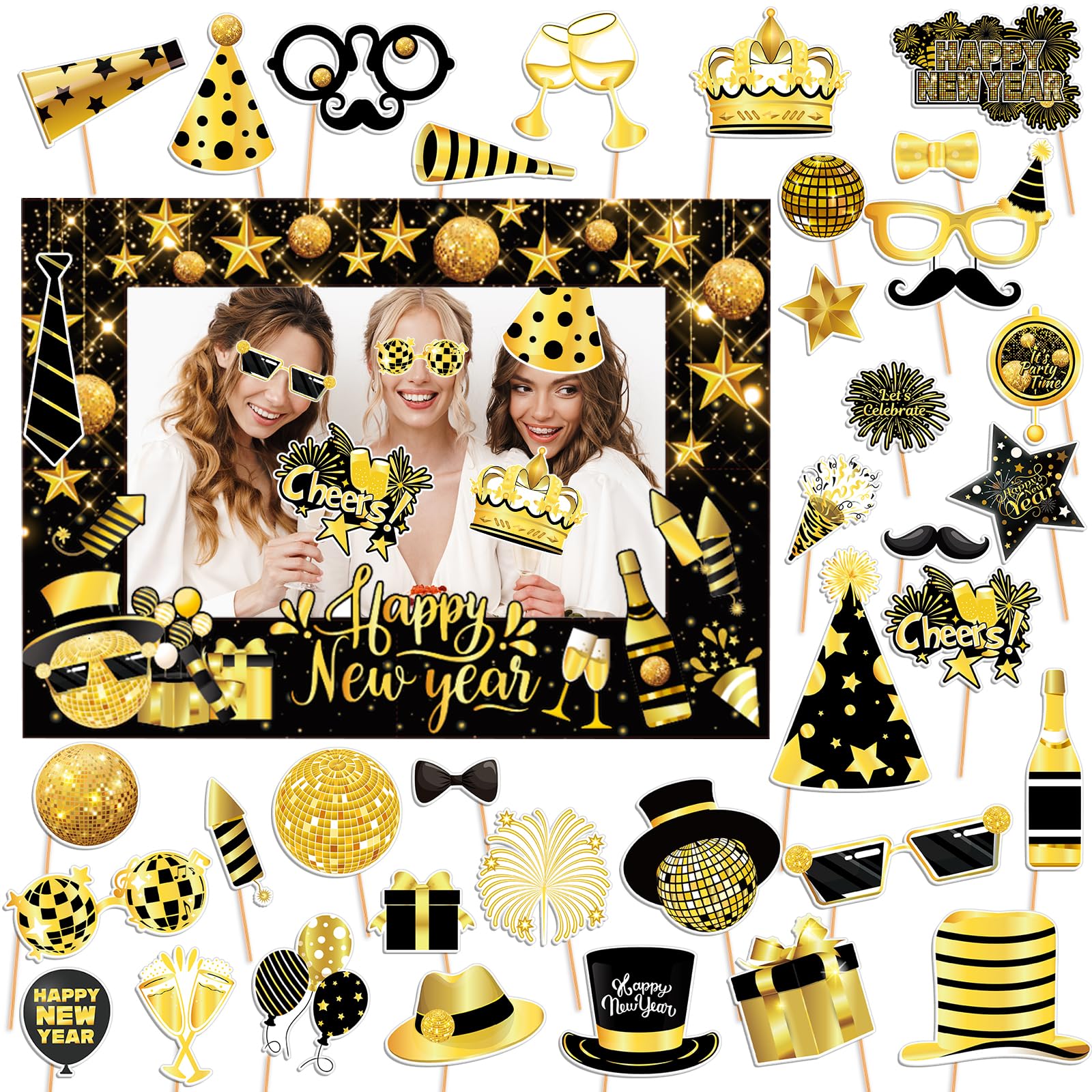 HOWAF36pcs New Years Disco Photo Booth Props with Happy New Year Photo Frame,Black Gold New Year 2025 Decoration Photo Props for NYE Party Supplies Gold Disco NYE Cheers to The New Year Selfie Props