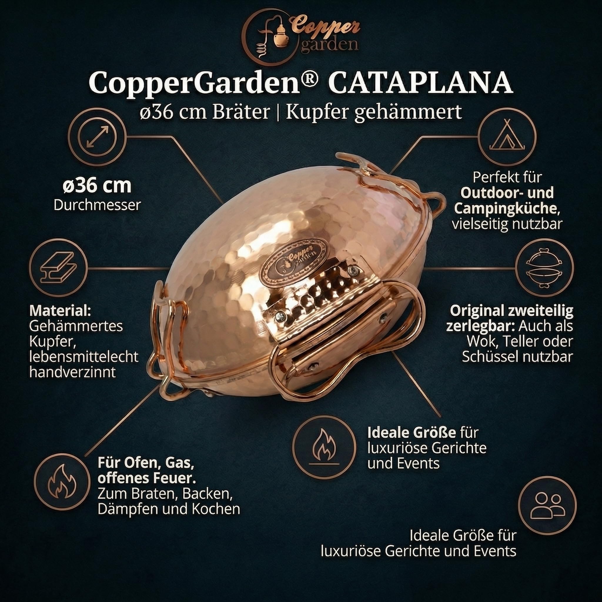 CopperGarden® Cataplana Bräter aus handverzinntem gehämmerten Kupfer mit ca 36 cm Durchmesser I Portugies. Kupferbräter mit perfekter Wärmeleitfähigkeit I Für Gas/Feuer/Grill & Backofen