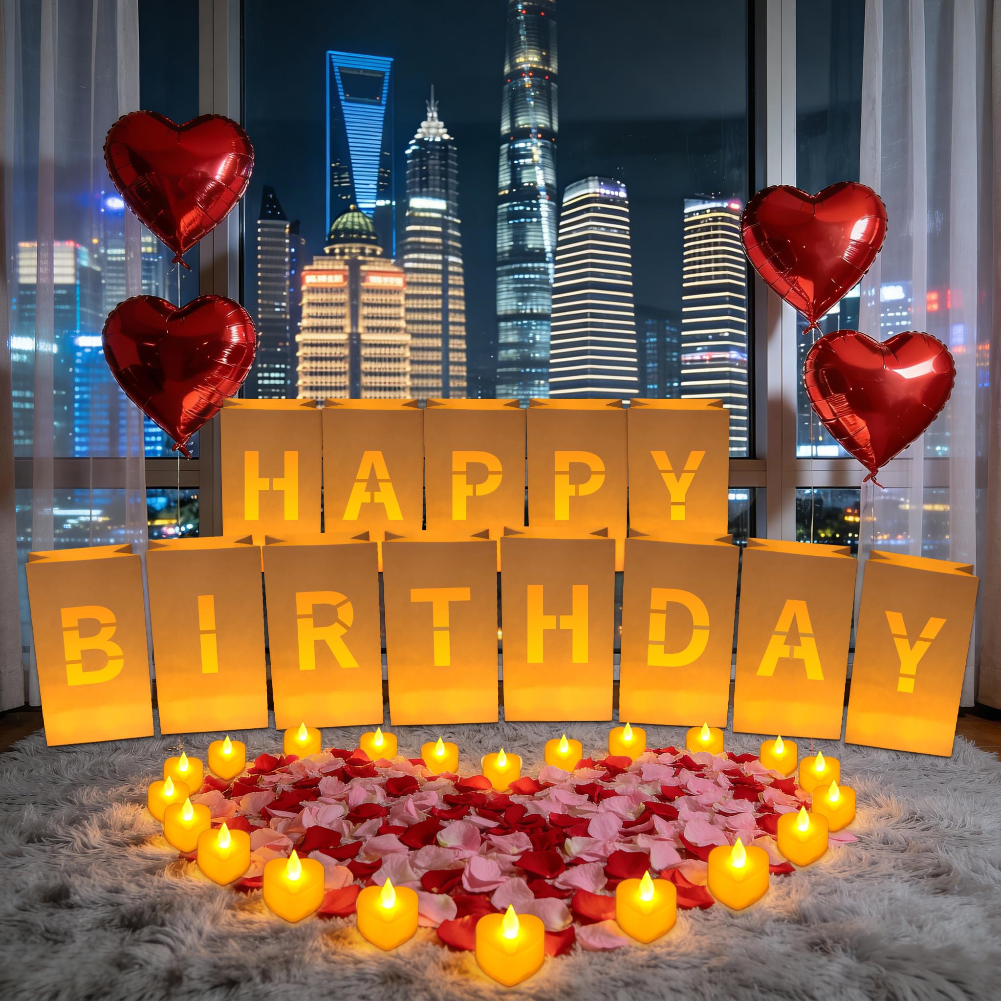 LACGO Birthday Decorations,Happy Birthday Sign,Light Up Letters with 13pcs Luminary Bags,24pcs Tea Lights,1000pcs Red&Pink Rose Petals,Happy Birthday Banner,Surprise Set for Women and Men