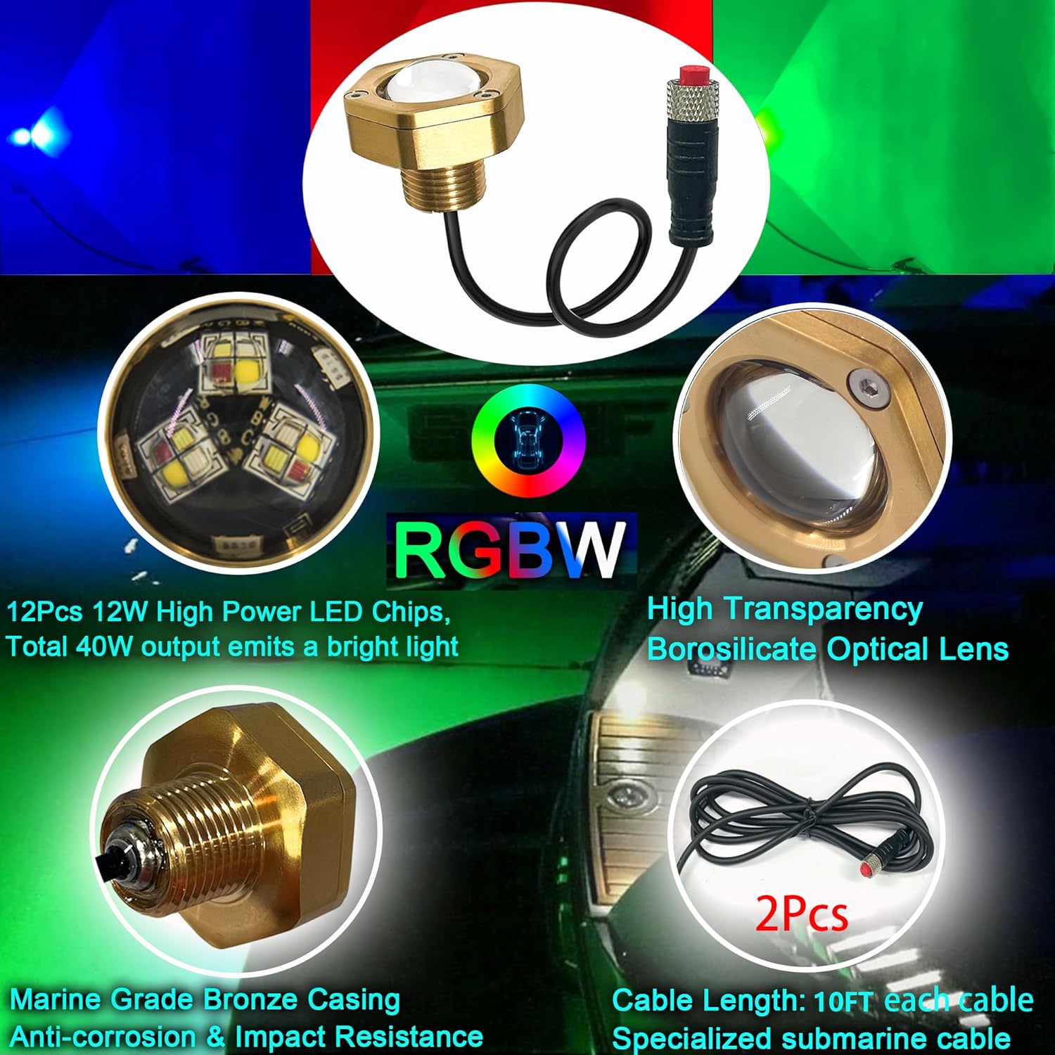 2Pcs RGBW Standard 1/2" NPT Boat Drain Plug Light with APP RF Remote Control,Underwater LED Boat Light,40W 4100LM IP68 Waterproof Smart Cooling System for Yachts,Kayaks,Docks