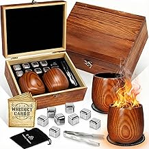 Charred Wooden Whiskey Glass Set - Unique Bourbon Gifts for Men - Kit Includes 2 Wood Drinking Glasses, Metal Stones, Tongs &amp; Box - Present for Dad, Husband, Friend