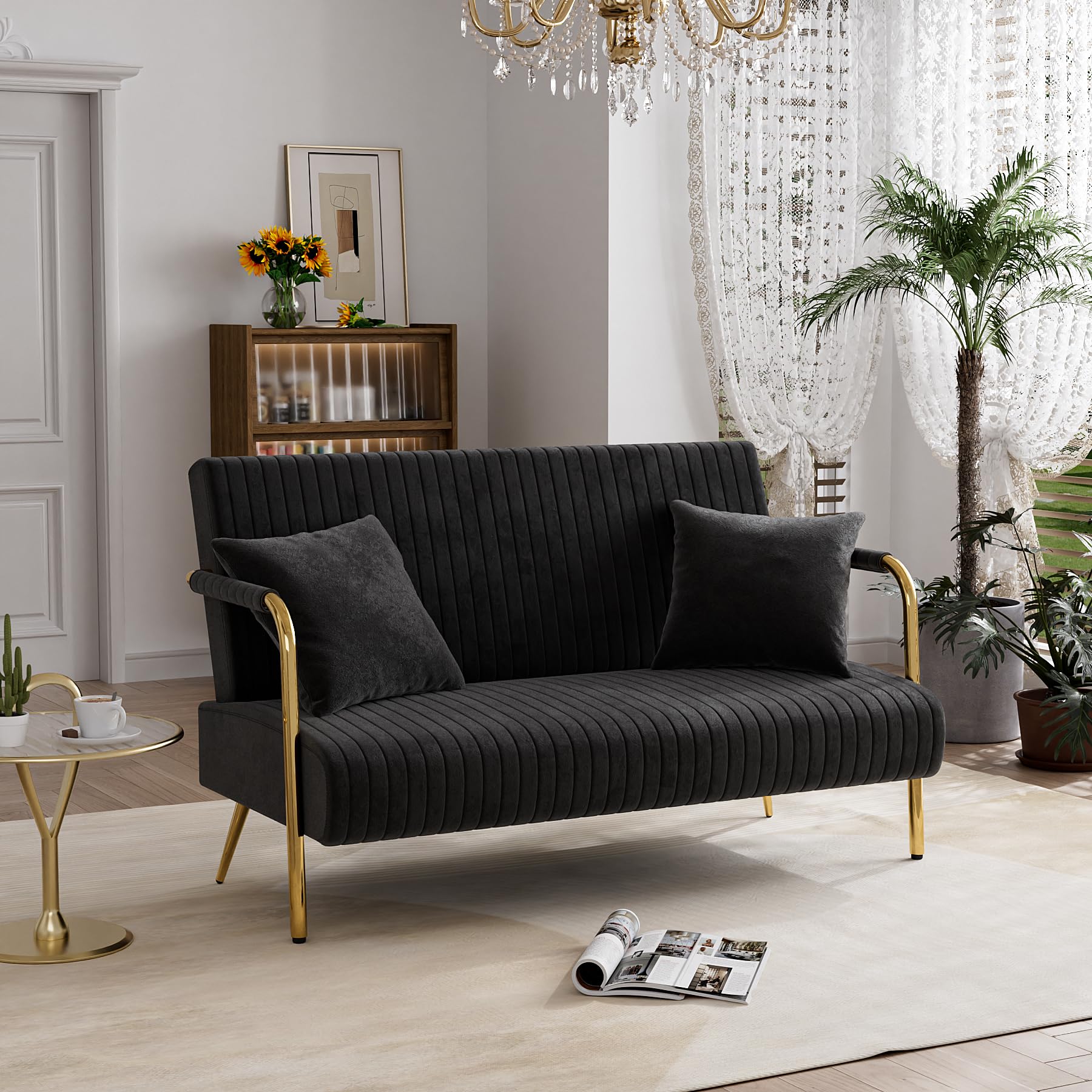 Loveseat Couch with Gold Legs, Velvet Upholstered Mini Couch with 2 Pillows, 58.6" W Tufted Comfy Settee 2 Seater Sofa for Small Space Living Room Bedroom (Black,Velvet)