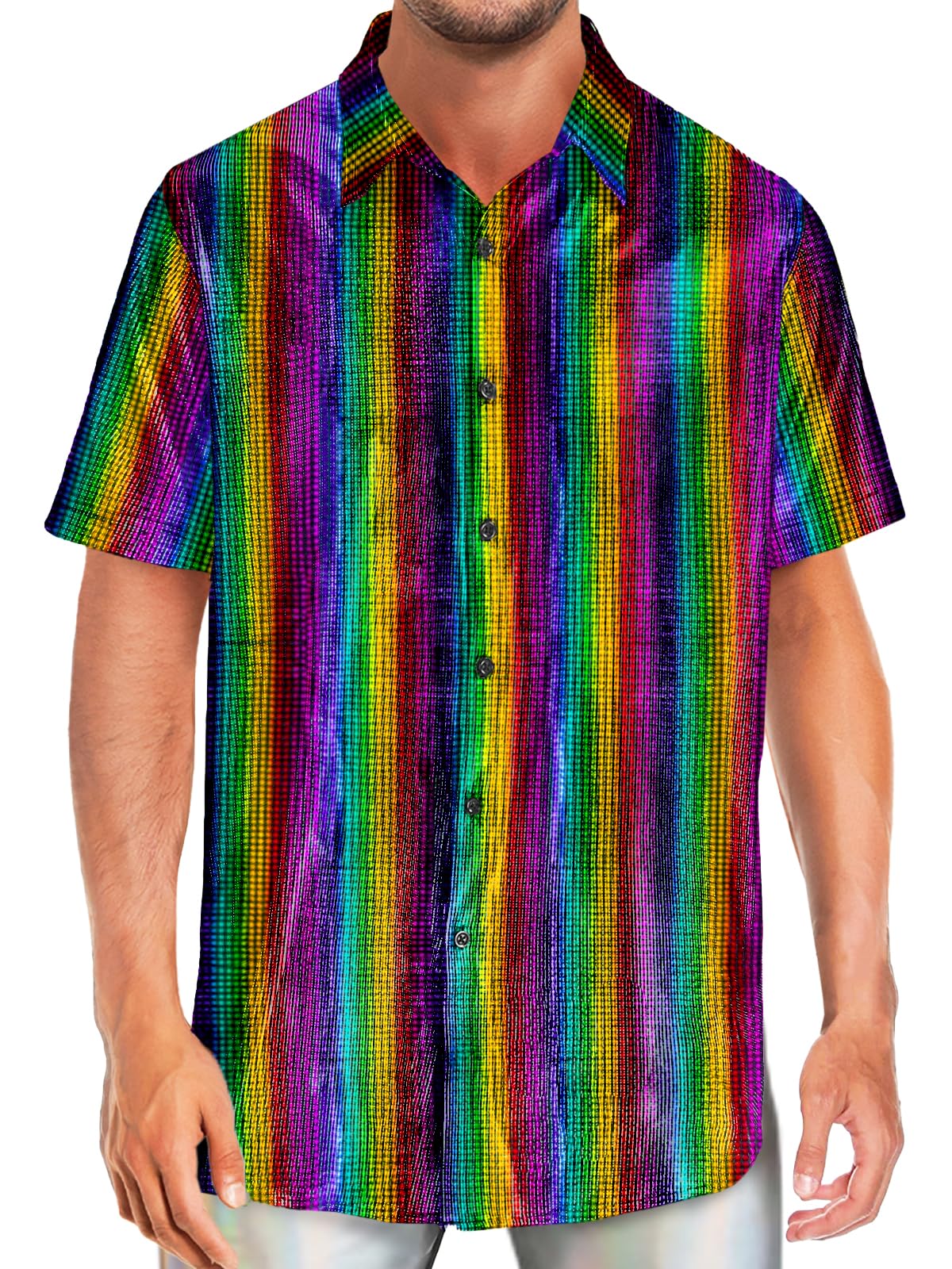 AOBUTEMens Sequin Shirt 70s Outfit Short Sleeve Button Shiny Disco Party Costume Tops