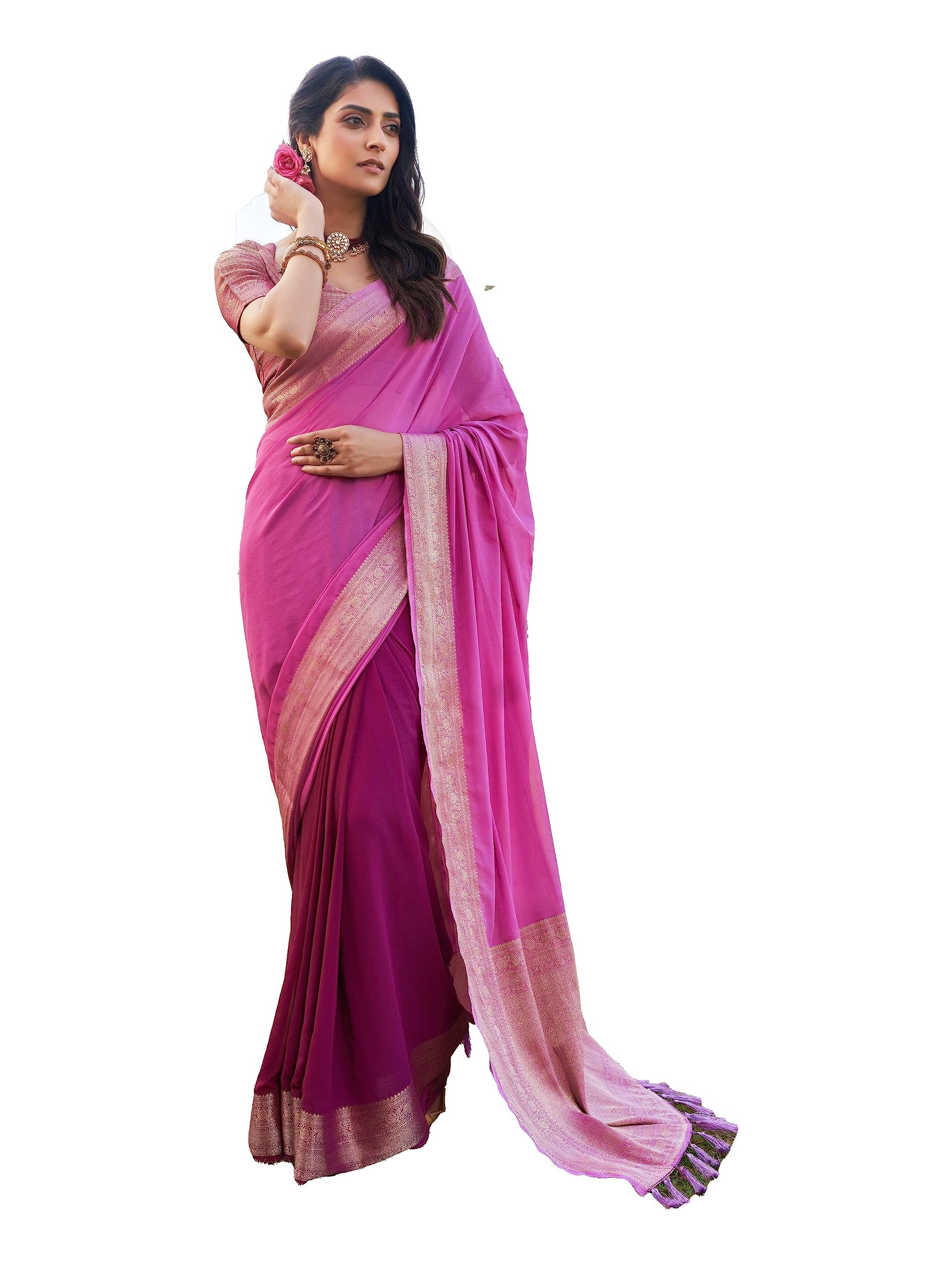 Sarees for Women Indian Georgette Silk Woven Saree | Rakhi Diwali Gift Sari & Unstitched Blouse