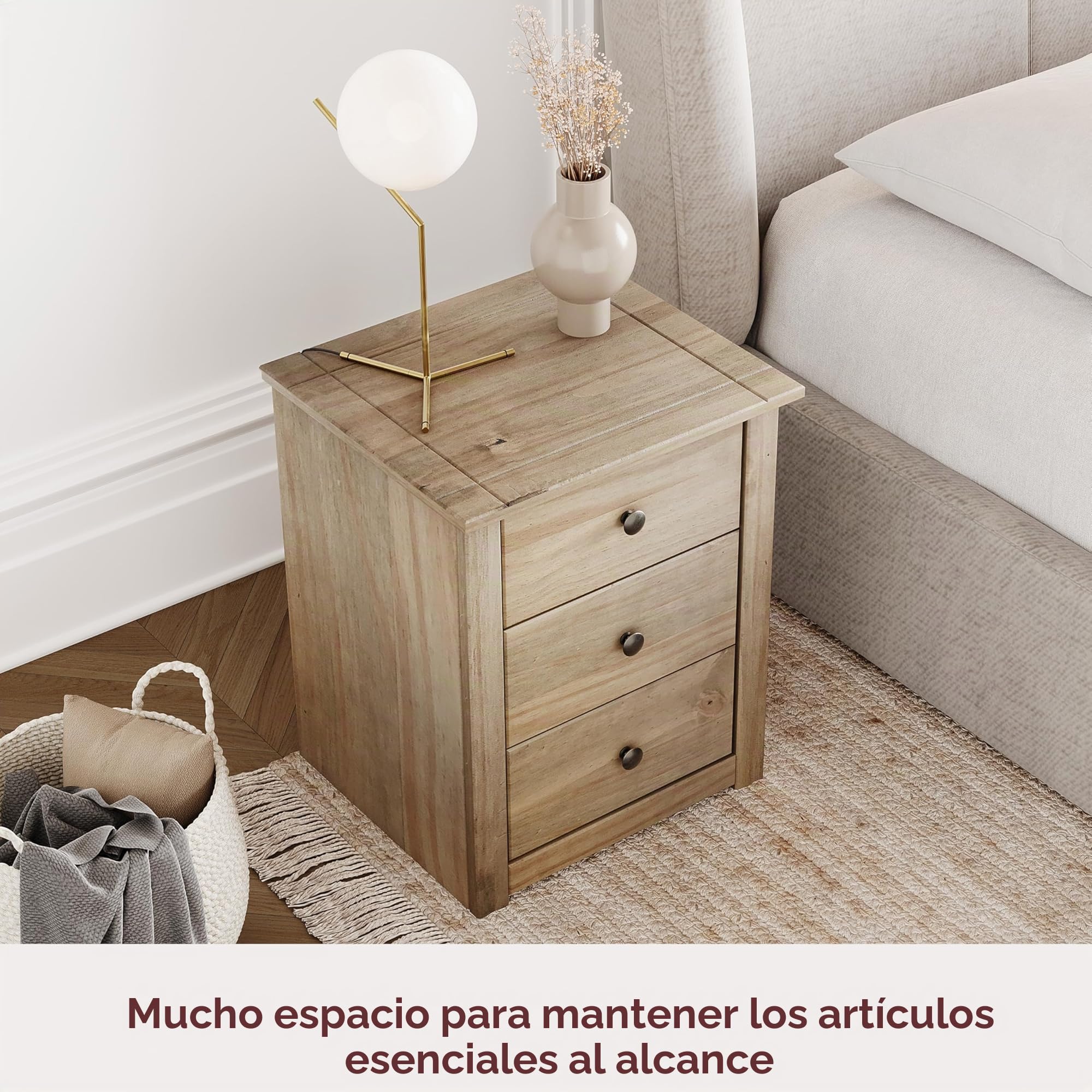 Vida Designs Mesita de Noche de Pino Macizo con 3 cajones, Mueble de Dormitorio Encerado