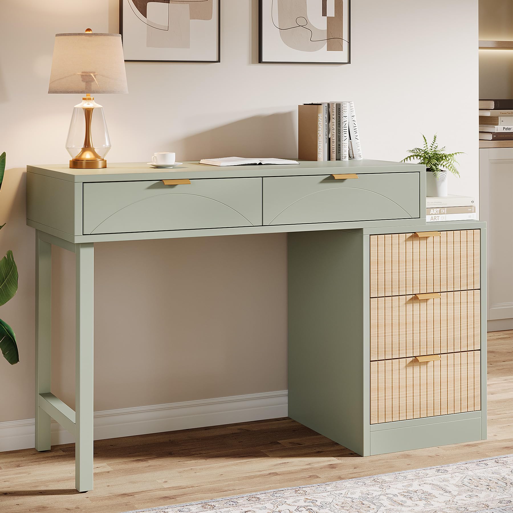 Tribesigns Computer Desk with 5 Drawers, Reversible Small Writing Desk with Storage, Modern Wooden Study Table Office Workstation for Home Office,