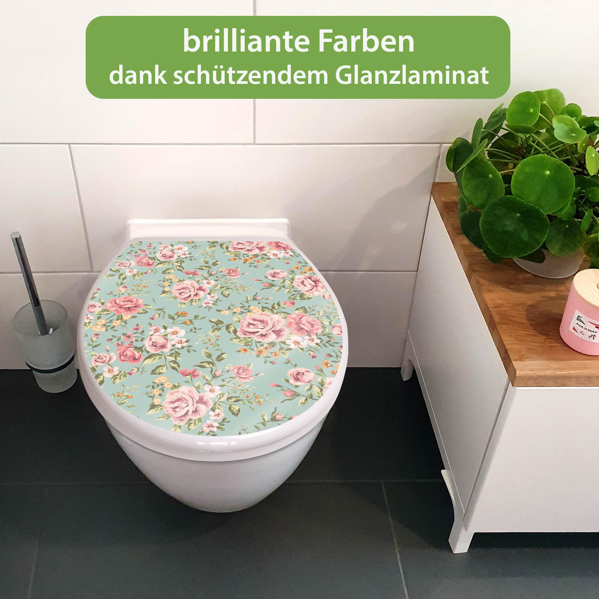 banjado Toilettendeckel mit Absenkautomatik 44,5x37cm - Soft Close Toilettensitz - WC Sitz mit Absenkautomatik - Klodeckel aus Duroplast mit Edelstahl Scharnieren, einfache Montage - Motiv Altrosa Blu
