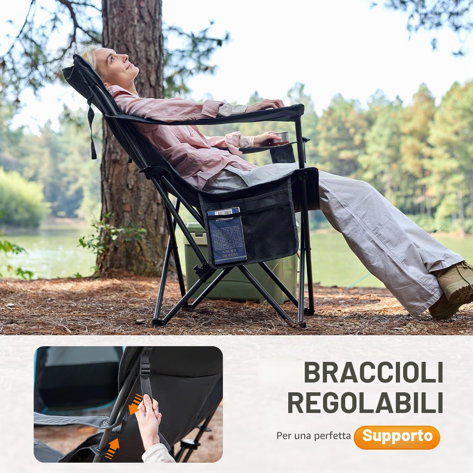 TIMBER RIDGE Sedia da campeggio pieghevole 180 kg schienale regolabile 3 posizioni sedia imbottita da pesca larghezza seduta extra 62 cm con tasca laterale e portabicchieri