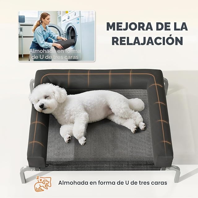 Foto 5 de 8 de PawHut Cama elevada para Perros con Cojines Removibles 90x65x30 cm Negro
