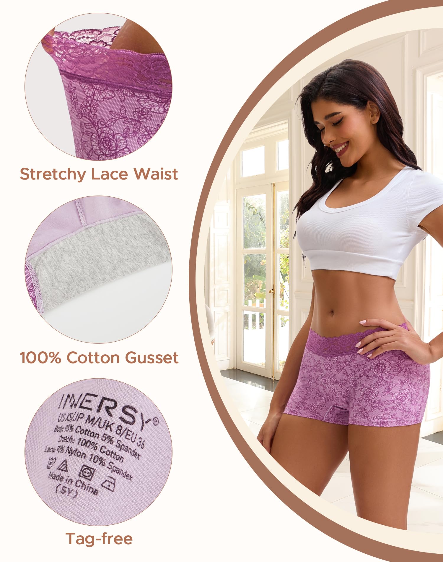 INNERSY Boxer Shorts Women Cotton Ladies Boxers Underwear Mid-rise Lace Boyshort Panties Pack of 3 — view 4