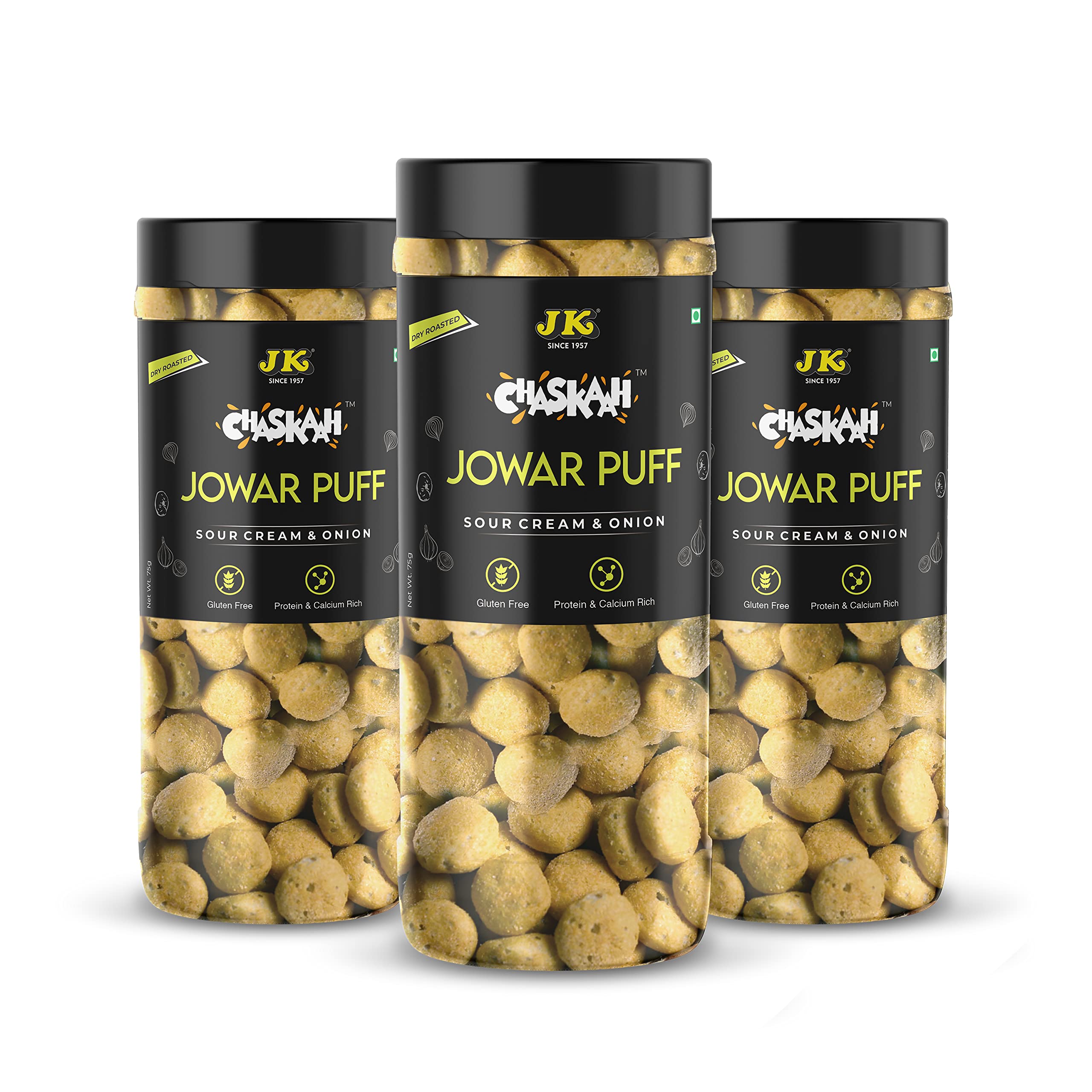 Chaskaah Cream & Onion Jowar Puff, 225g (Pack of 3) | Gluten Free | Dry Roasted|MSG Free| Low Cholesterol | Rich in Calcium |Gourmet | Puffed Snacks