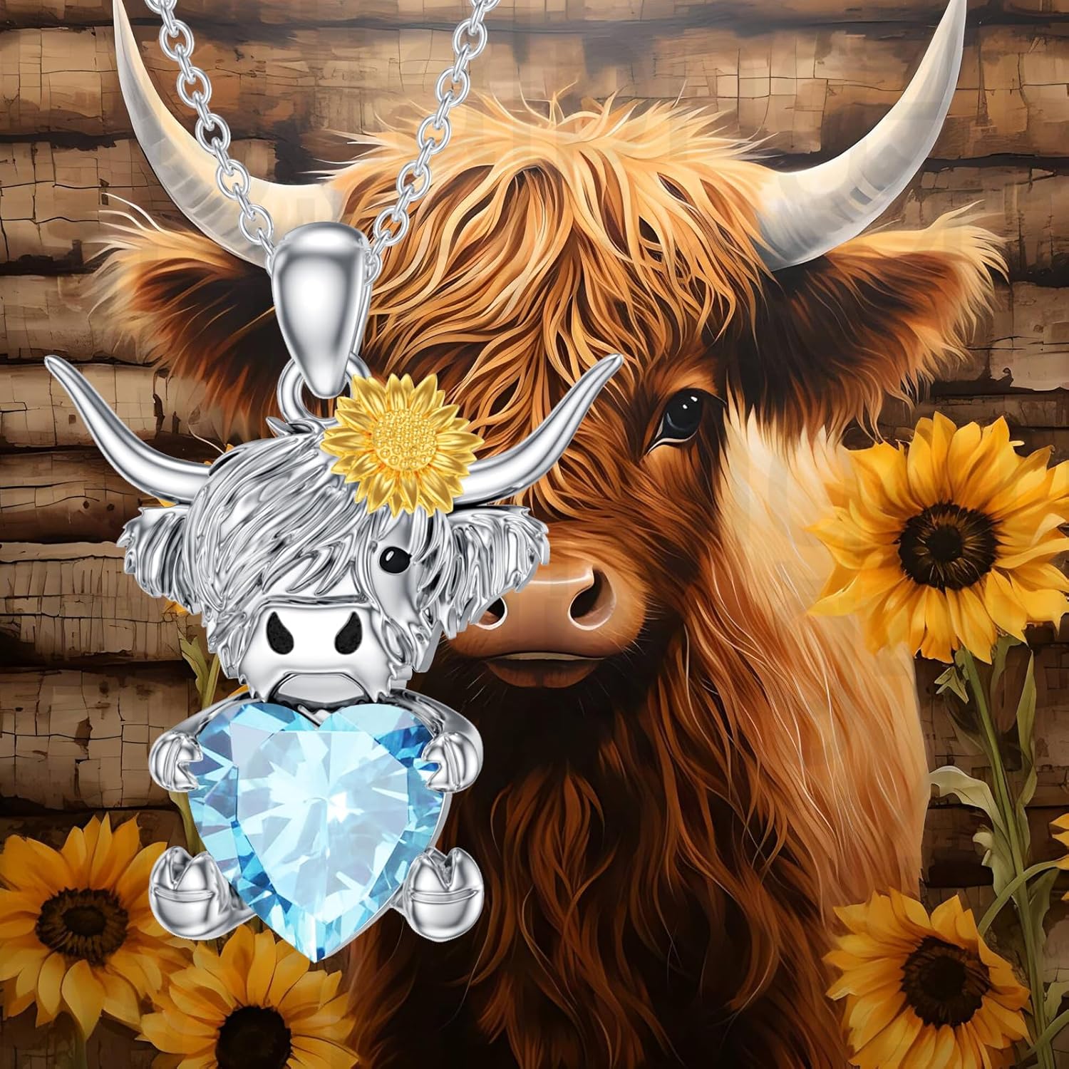 LONAGO Highland Cow Pendant Necklace with Heart Birthstone Cow Necklace Gift for Women