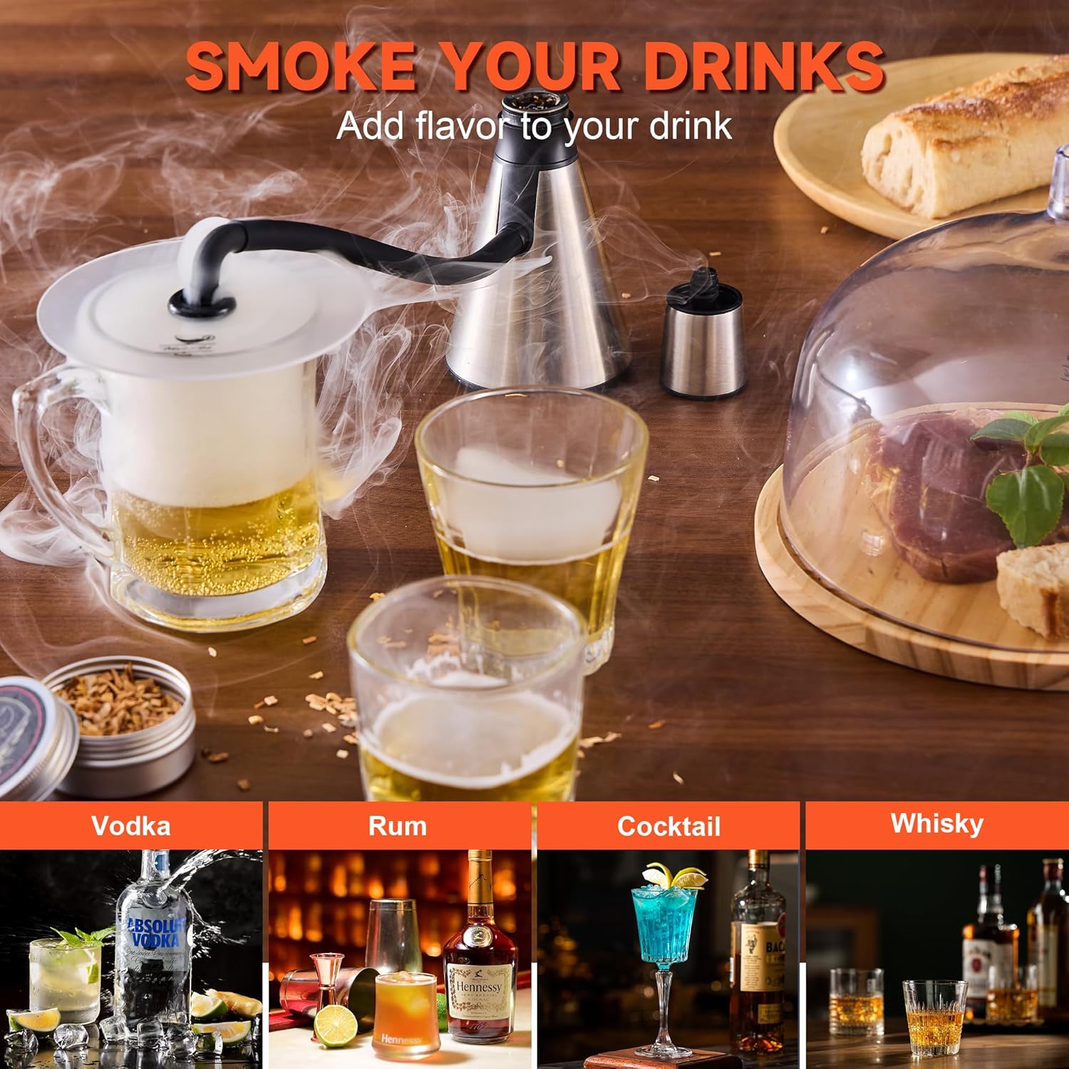 Elegant Cocktail Smoker Kit - Complete Whiskey Drink Smoking Gun with 8 Flavors of Wood Chips, Dome, and Accessories, Adds Flavor to Food and Drinks, Infuser Kit for Indoor Outdoor Use