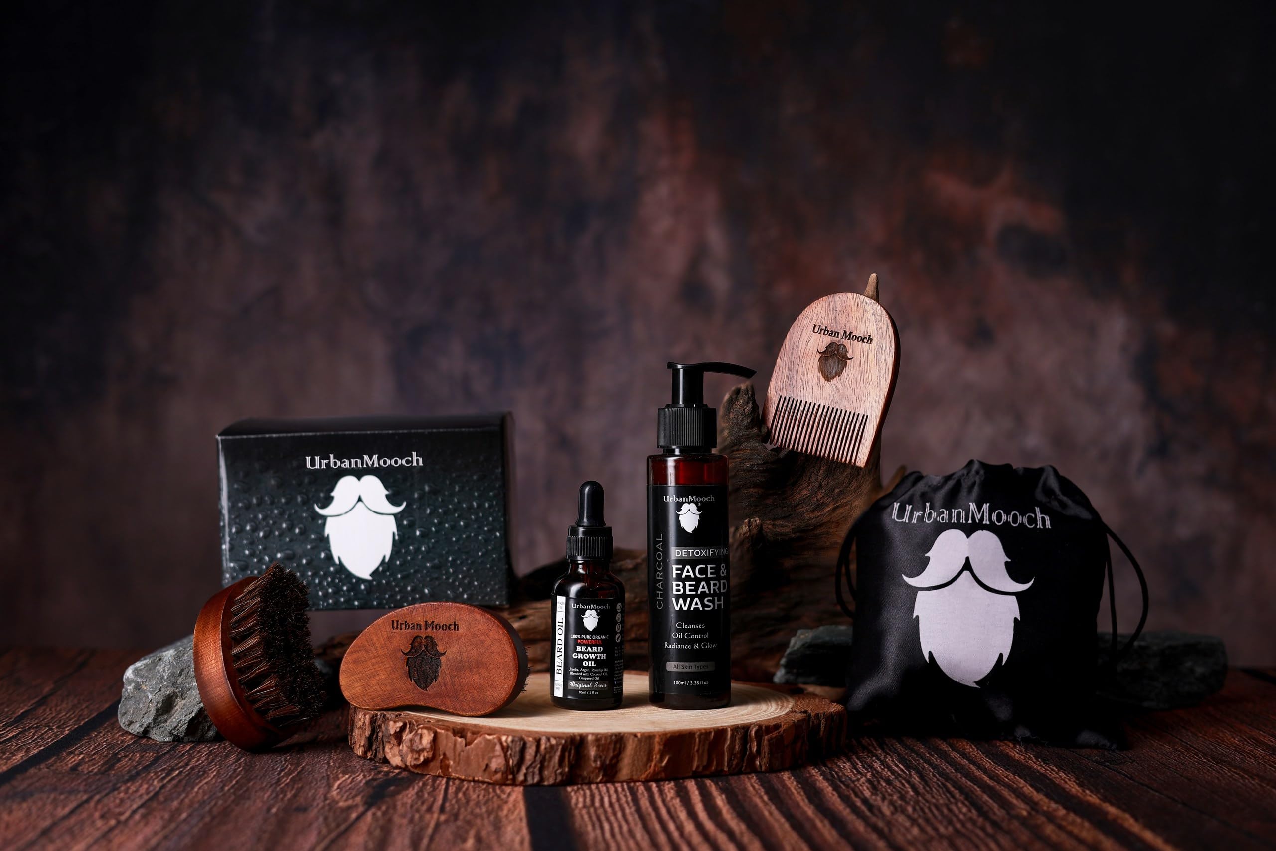 UrbanMooch 4 in 1 Beard Grooming Kit for Men | Anniversary, Birthday, Valentine Gift for Boyfriend, Husband | Charcoal Face & Beard Wash, Powerful Beard Growth Oil, Boar Bristle Beard Brush & Wooden Beard Comb | Ultimate Grooming Kit - Image 2 thumbnail
