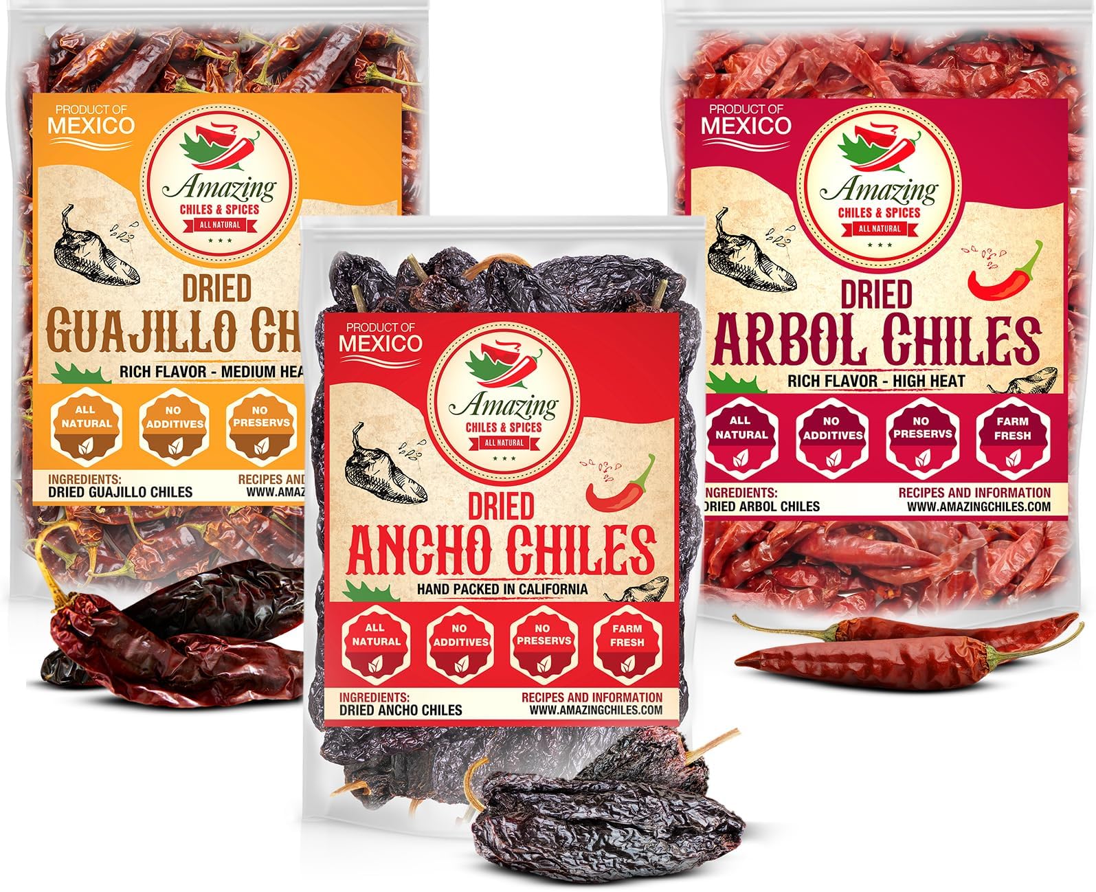 Dried Chili Peppers Variety Pack 4oz Each - Ancho, Arbol and Guajillo Chiles – Staple for Mexican Recipes - Moles, Salsa, Sauces, Stews, Tamales. By Amazing Chiles & Spices.