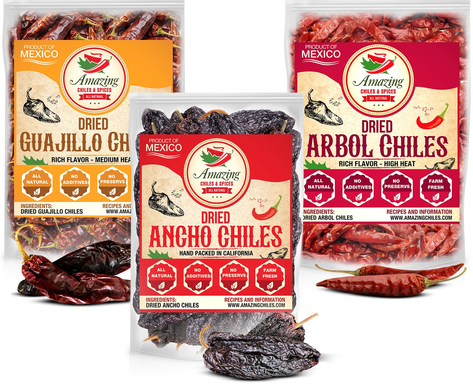 Dried Chili Peppers Variety Pack 4oz Each - Ancho, Arbol and Guajillo Chiles – Staple for Mexican Recipes - Moles, Salsa, Sauces, Stews, Tamales. By Amazing Chiles & Spices.