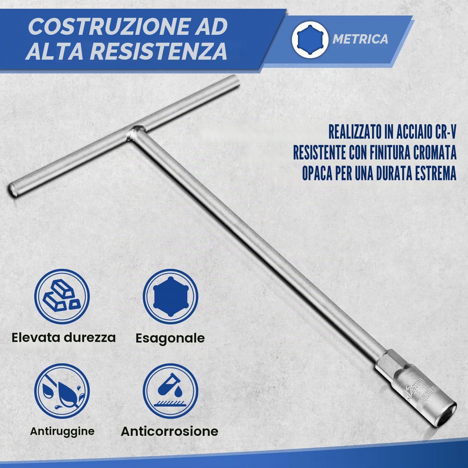 Set di chiavi a T con impugnatura metrica, 10 pezzi (7 mm, 8 mm, 9 mm, 10 mm, 11 mm, 12 mm, 13 mm, 14 mm, 17 mm, 19 mm), acciaio Cr-V, 6 punte, per riparazione di auto e moto da cross