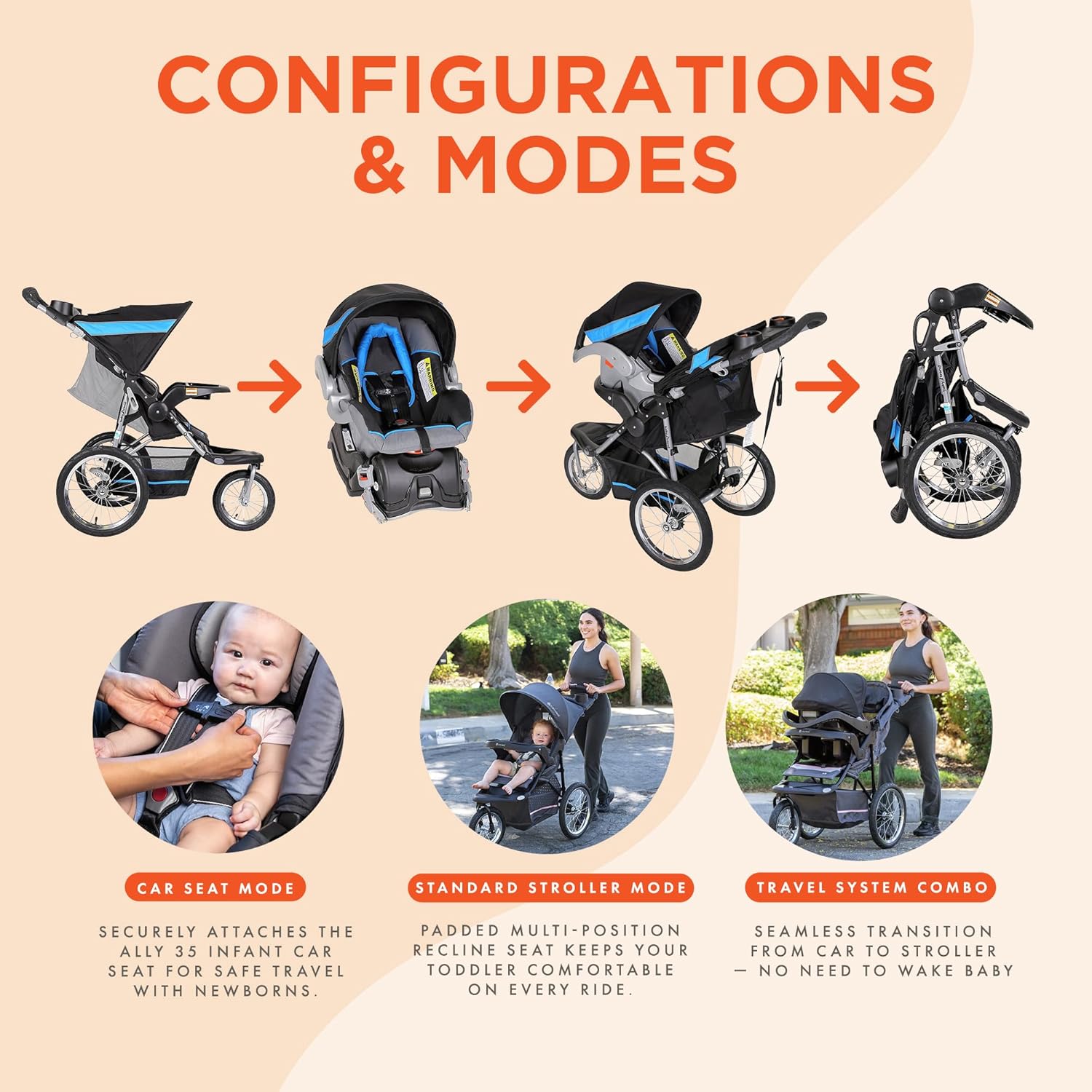Configurations and modes of the Baby Trend Expedition Jogger Travel System