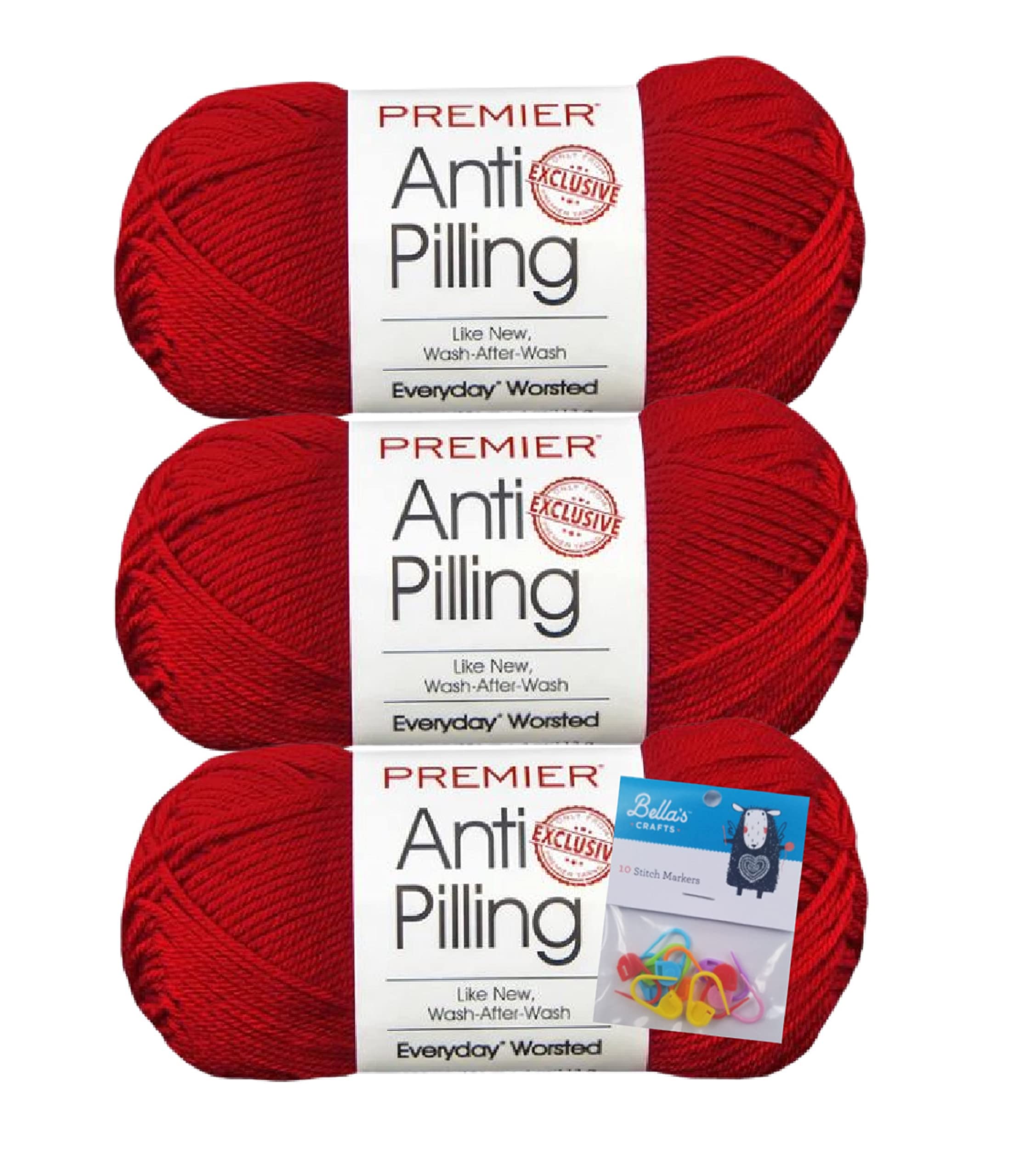 Premier Yarns Everyday Soft Worsted Anti-Pilling Crochet Knitting Yarn 3.5 Oz Each Skein #4 Worsted Weight 3 Pack Bundle with Bella's Crafts Stitch Markers (Really Red)